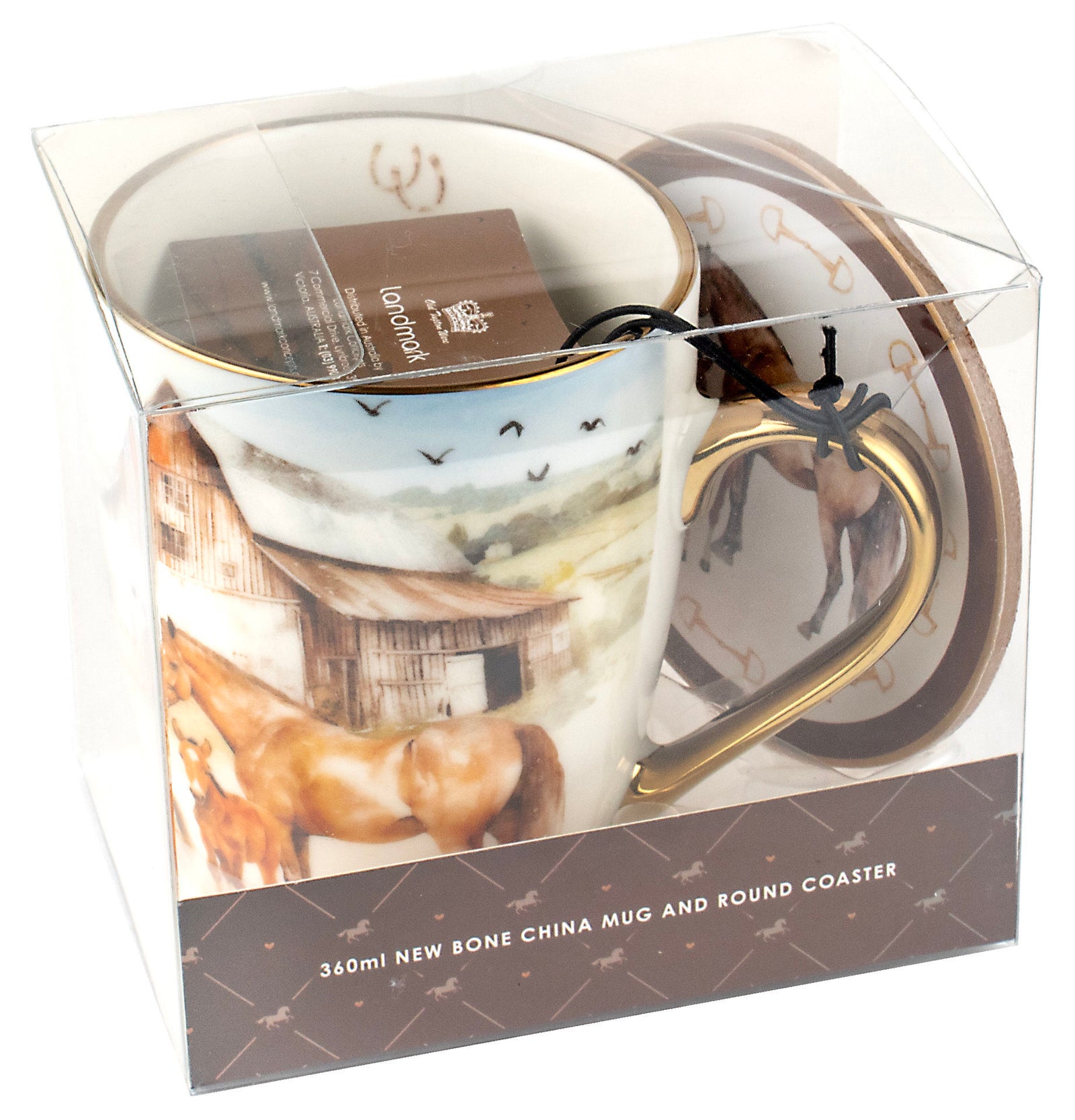 Mug and coaster set with horse design in packaging