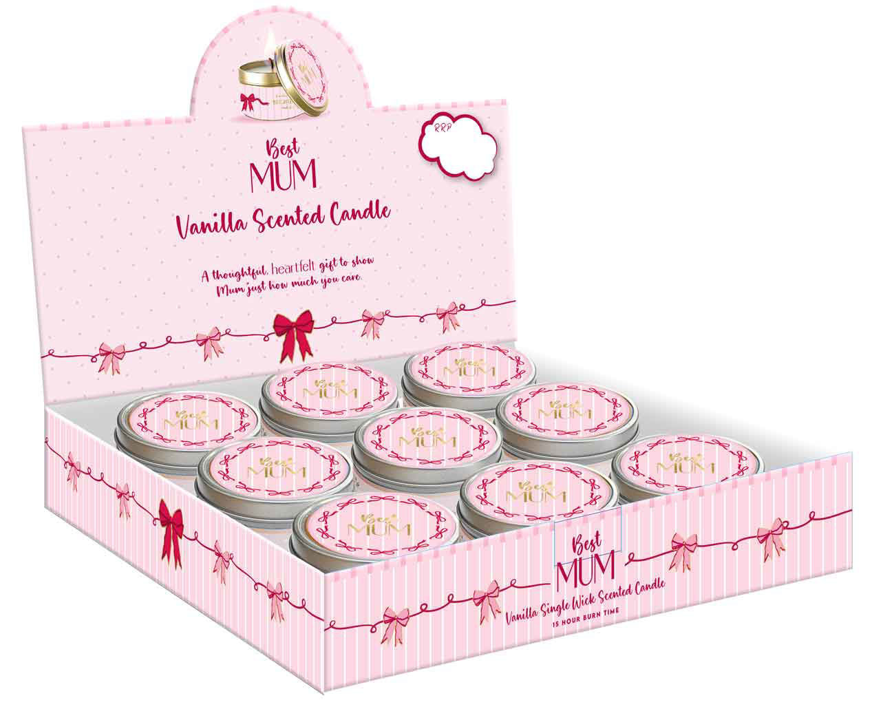 Display box of vanilla scented candles for 'Best Mum' with pink and white design.
