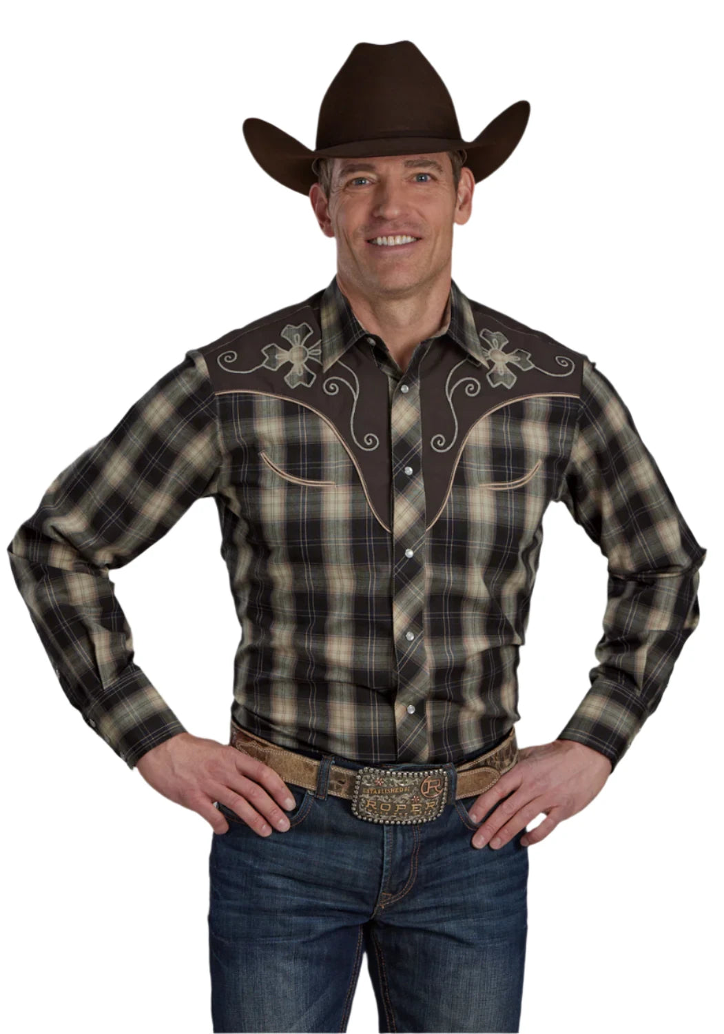 Roper Men's Karman Special L/S Western Shirt. A man wearing a long sleeve western shirt with a square toe and a visible brand logo on the yoke.