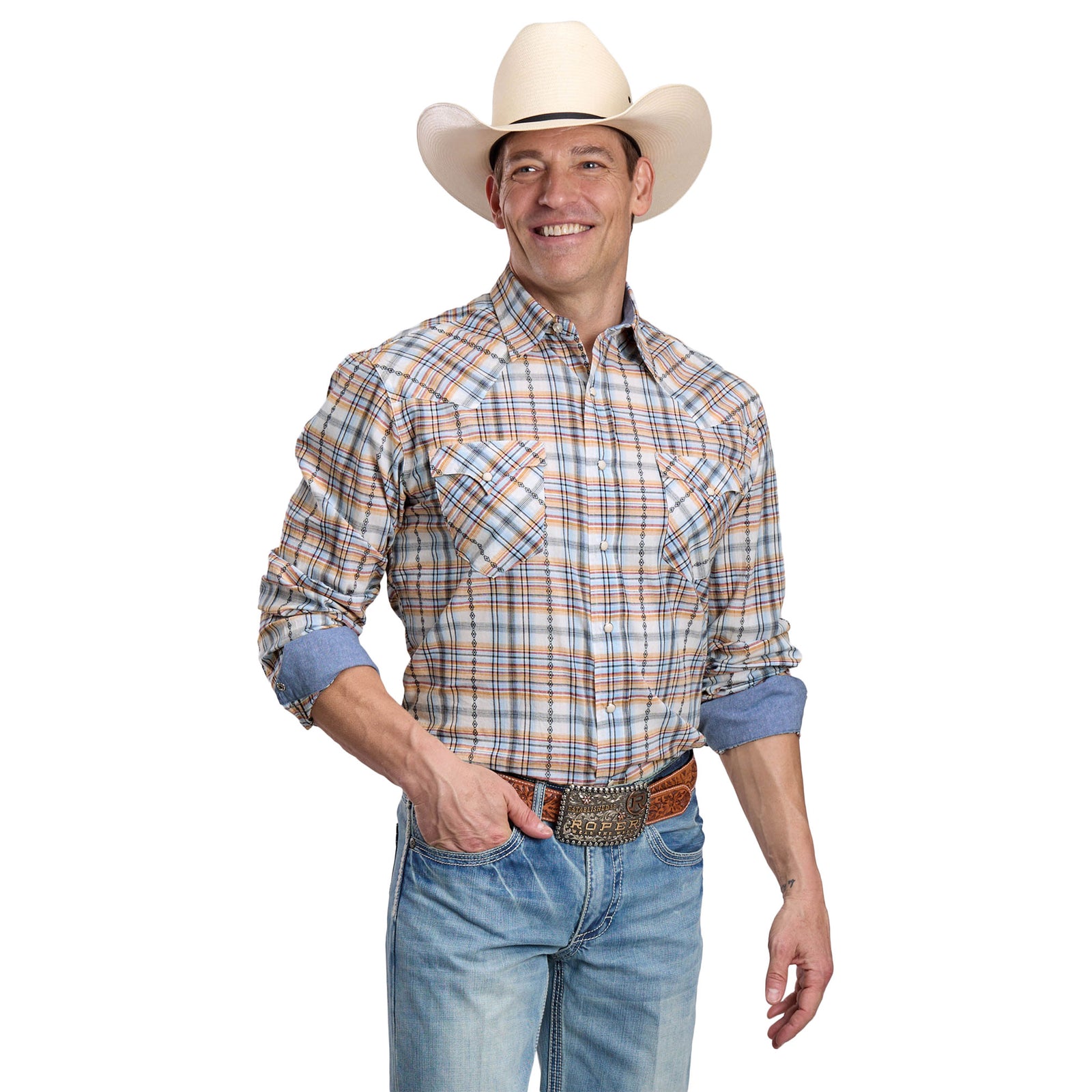 Man wearing a plaid shirt, jeans, and a cowboy hat on a white background