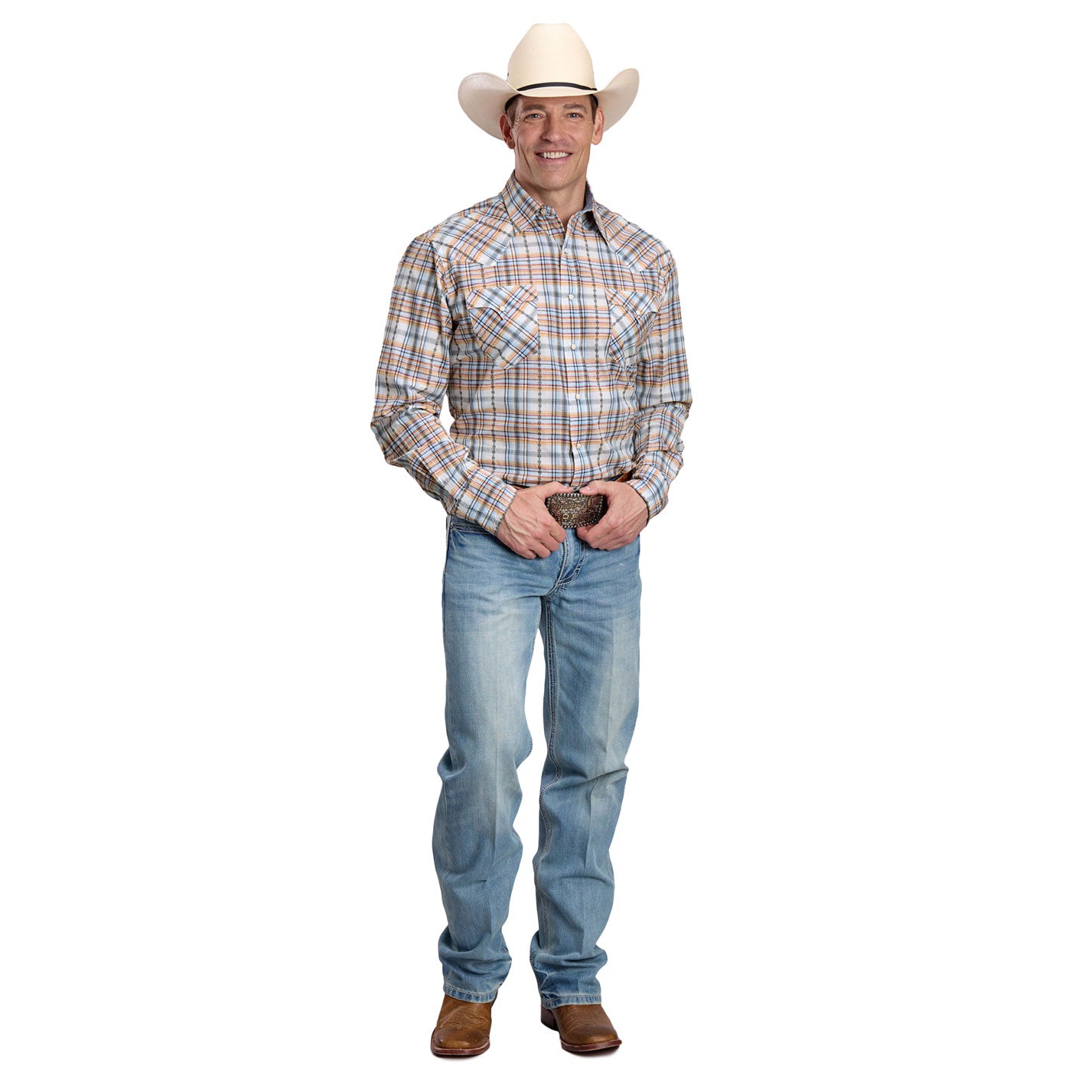 Man wearing a plaid shirt, jeans, and a cowboy hat on a white background