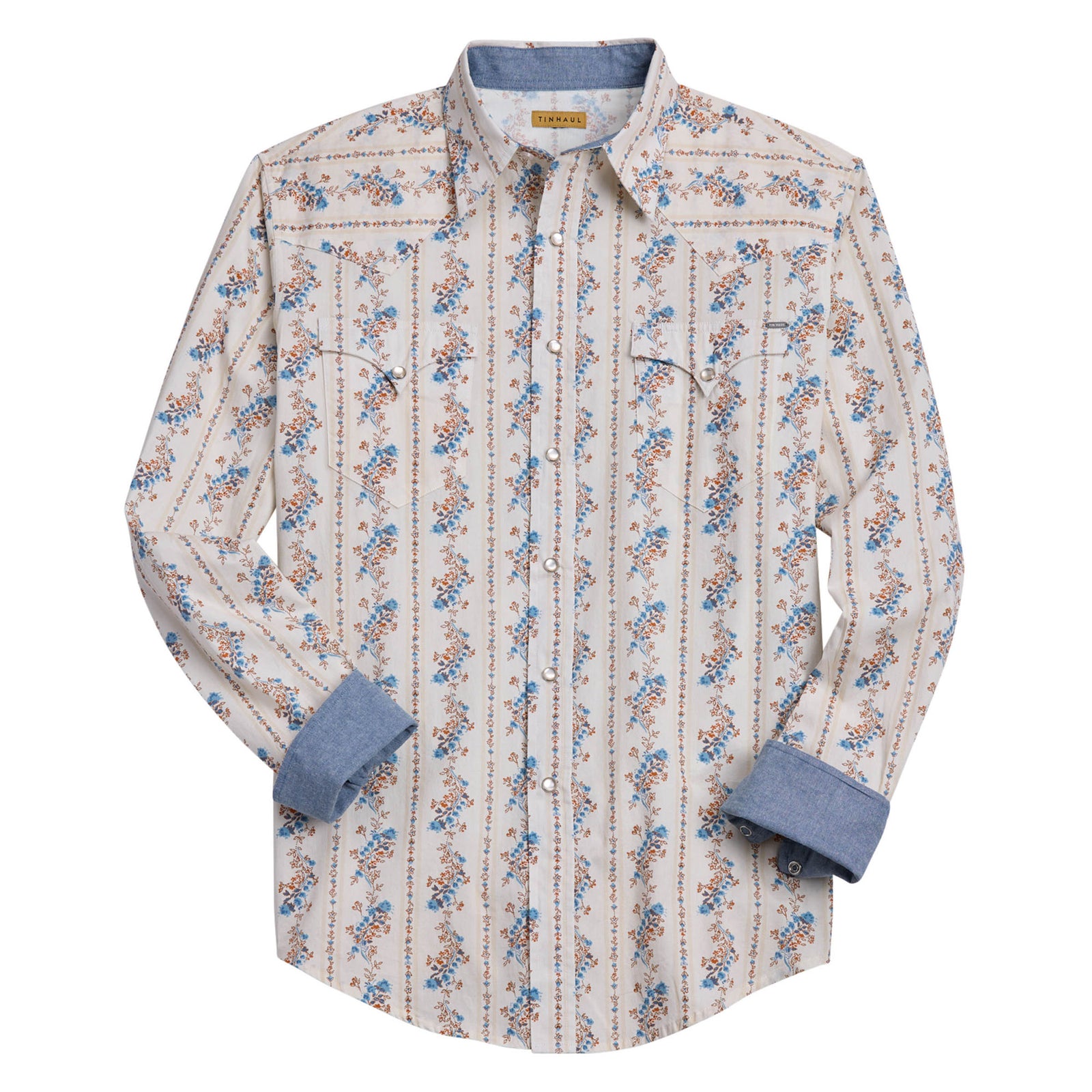 Floral patterned shirt with blue accents on a white background