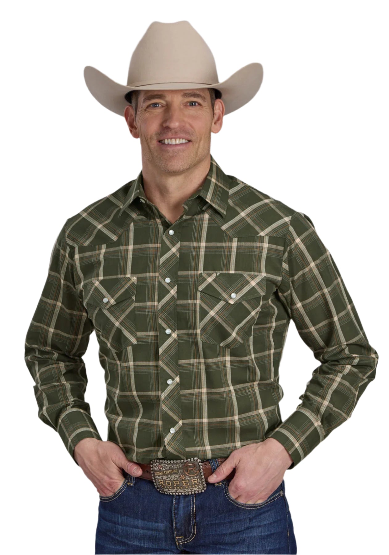 Roper Men's Karmen L/S Western Shirt. A man wearing a long-sleeved plaid western shirt with patch pockets, in colors olive, cream, and orange, paired with a cowboy hat and jeans.