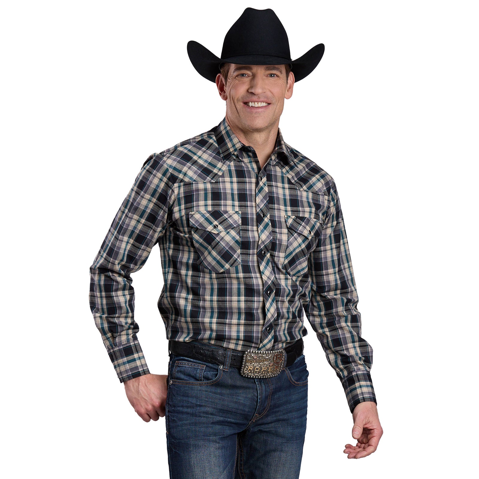 Roper Men's Karman L/S Western Shirt. Man wearing a plaid shirt, jeans, and a cowboy hat on a white background