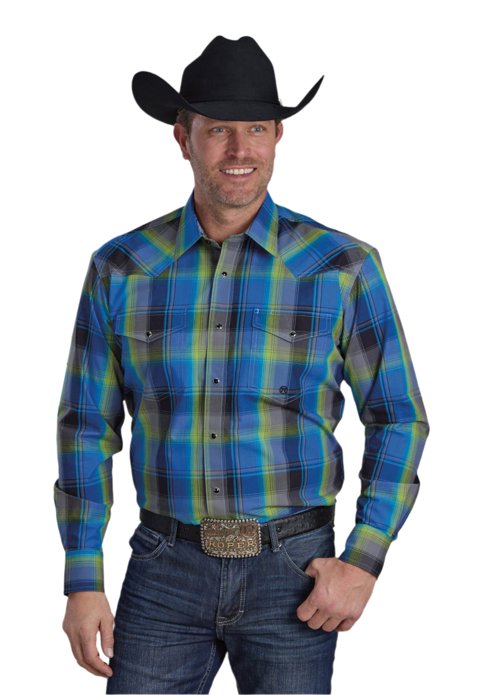 Roper Men's Amarillo L/S Western Shirt. A man wearing a blue and green plaid western shirt with pearl snap closures, long sleeves, and a cowboy hat.