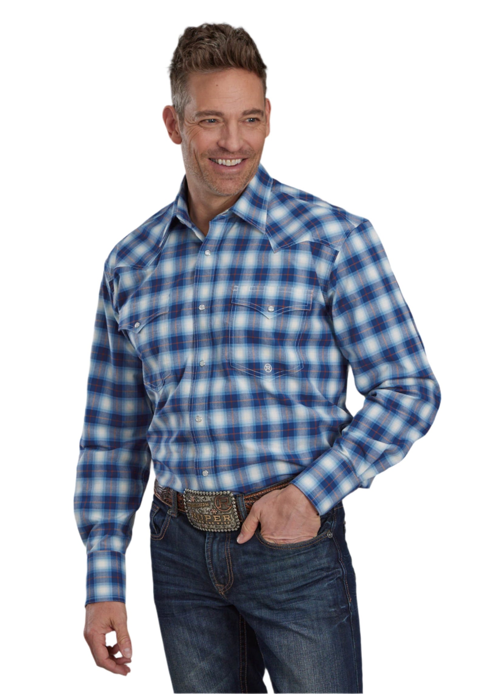 Roper Men's Amarillo Collection Plaid L/S Western Shirt. A man wearing a Roper Men's Amarillo Collection Plaid L/S Western Shirt with a blue and white checkered pattern, featuring a collar, long sleeves, and front pockets.