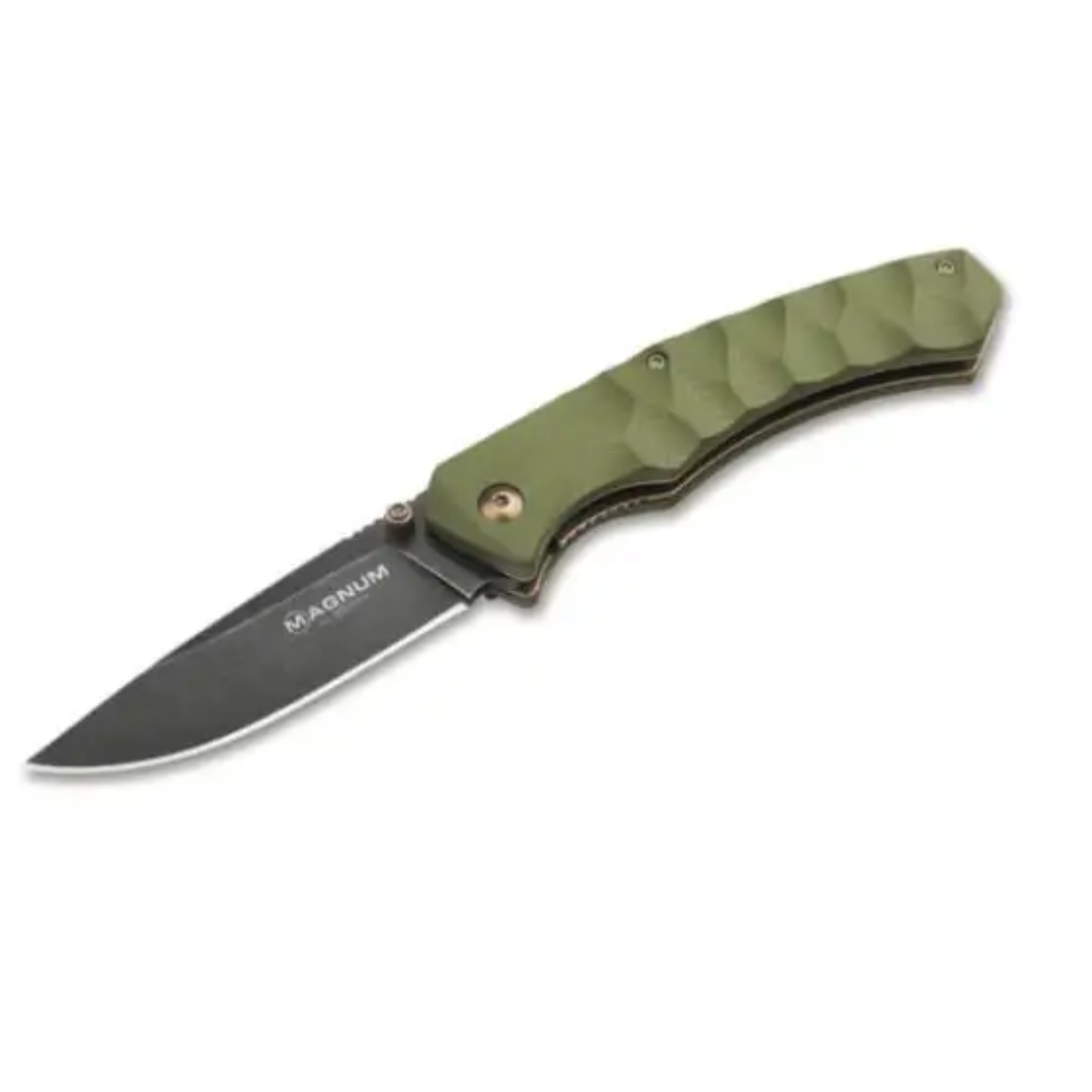 Boker Magnum Iguanodon Pocket Knife. Green folding knife with 'Magnum' branding on a white background