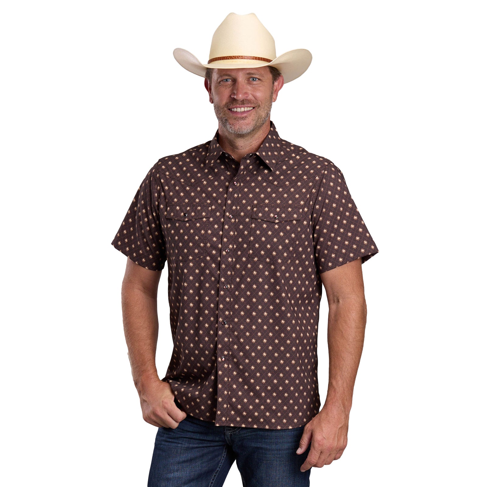 Man wearing a brown patterned shirt and white cowboy hat on a white background