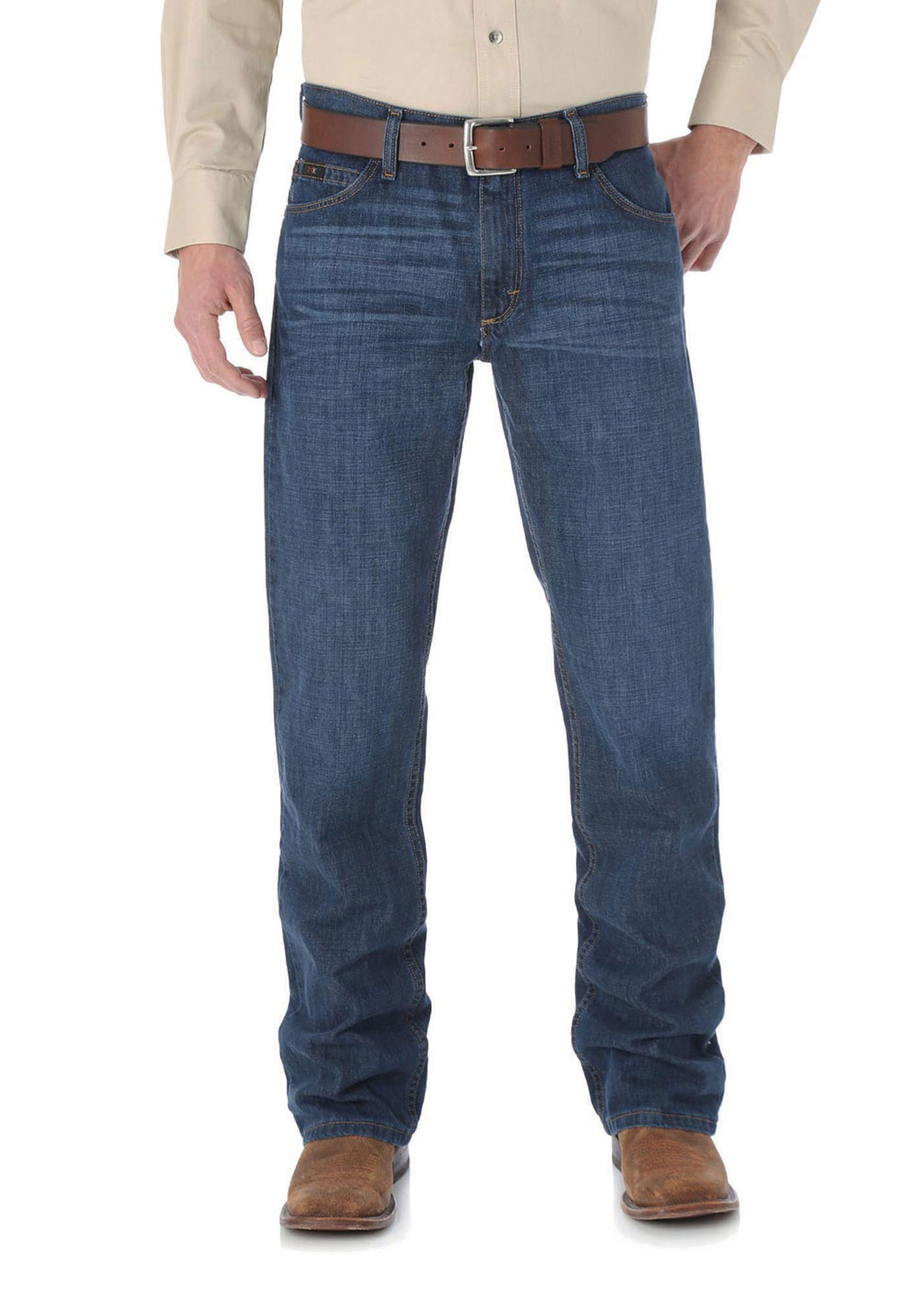 Wrangler Men's 20X Competition Slim Bootcut Jean. Person wearing blue jeans with a brown belt and shoes on a white background