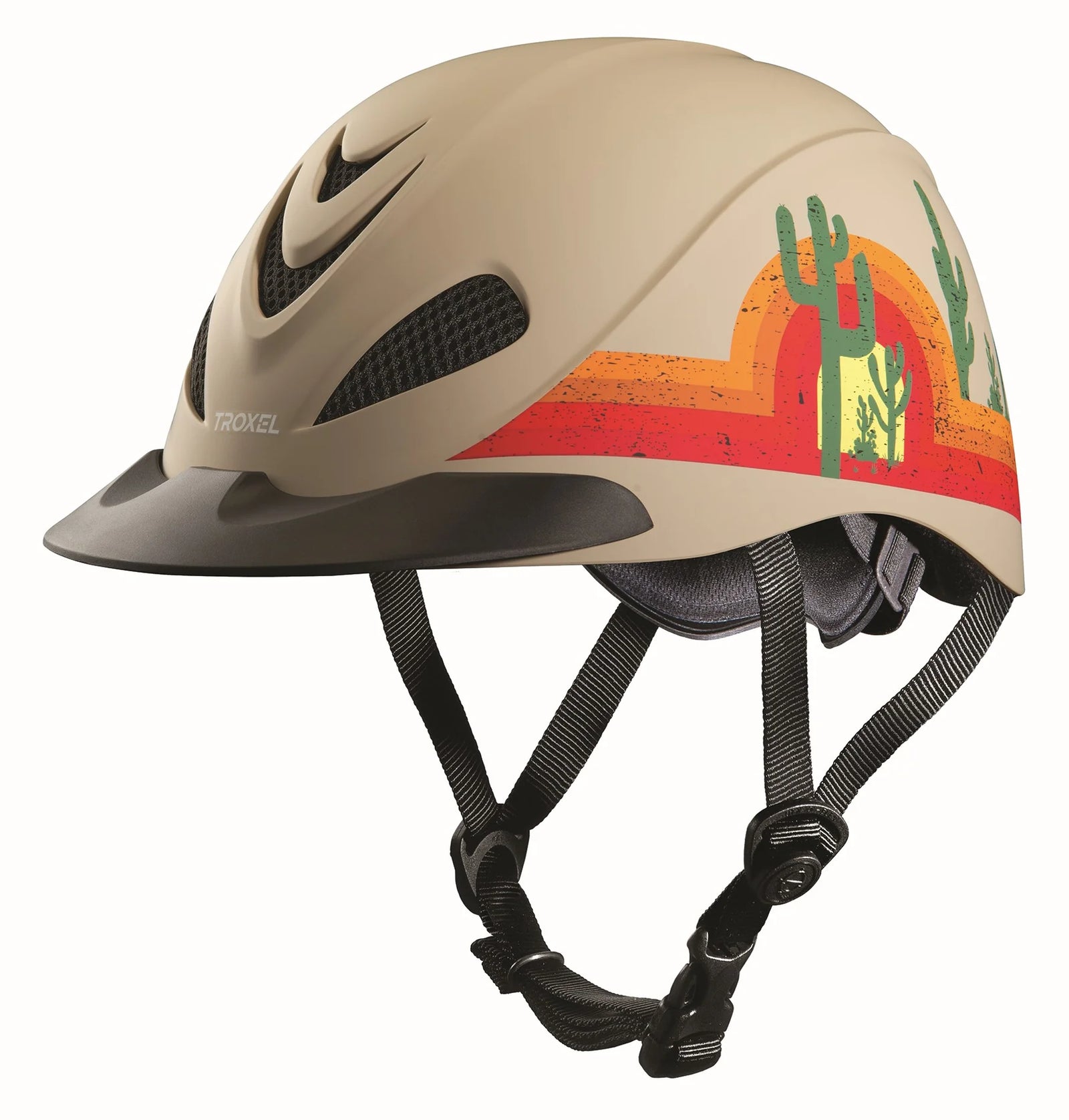 A Troxel Rebel riding helmet with a matte Duratec finish, featuring bold graphic designs of cacti and a sunset, primarily in beige color, with black straps and mesh-covered vents.