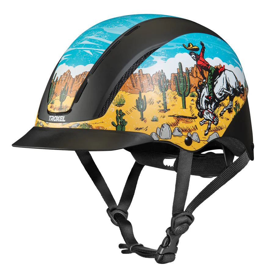 Troxel Spirit Bucking Bronc Helmet. Helmet with a desert-themed design featuring a cowboy on a horse, cacti, and mountains.