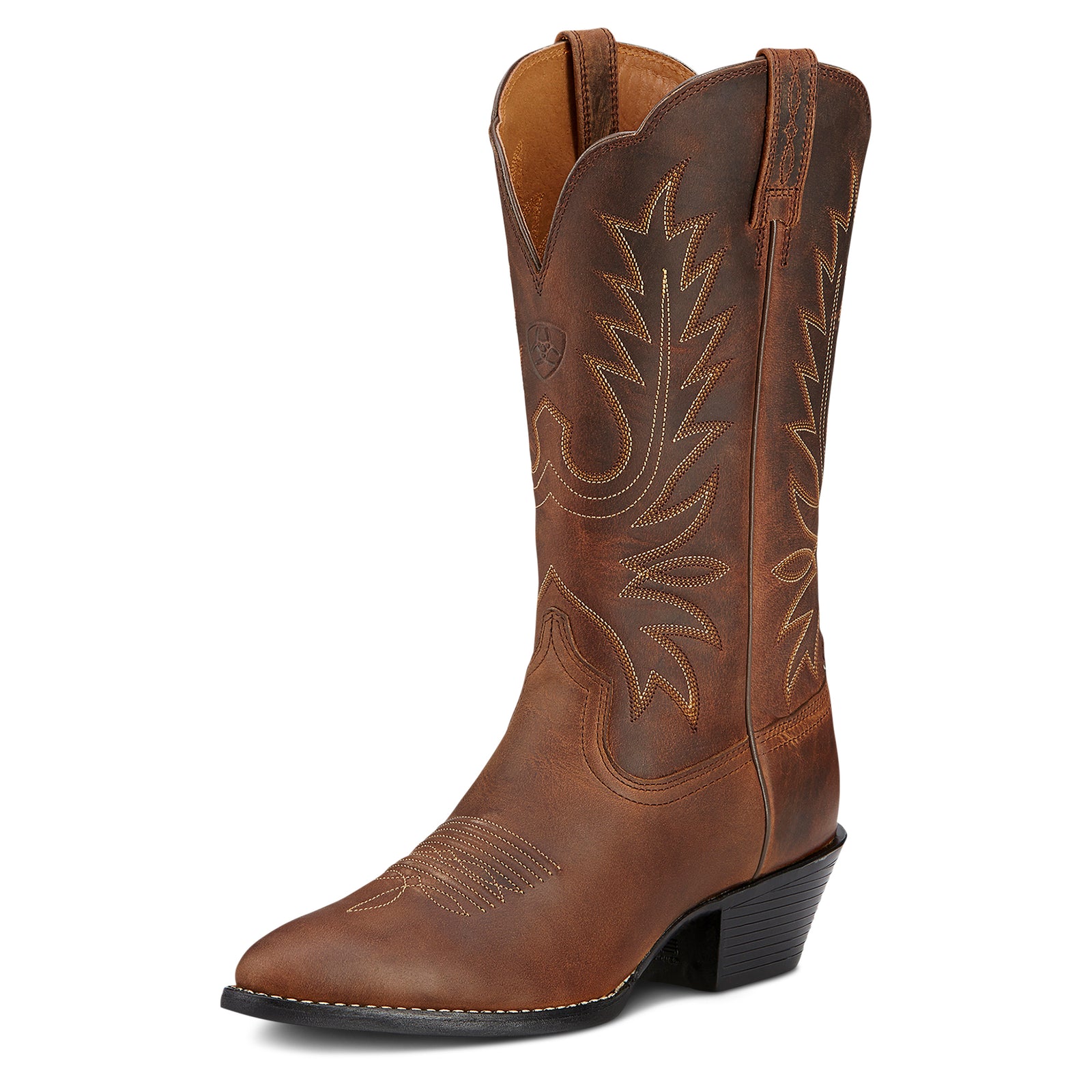 Ariat Women's Heritage Western R Toe Western Boot. A brown Ariat women's heritage western boot with a pointed toe and a four-row stitch pattern.