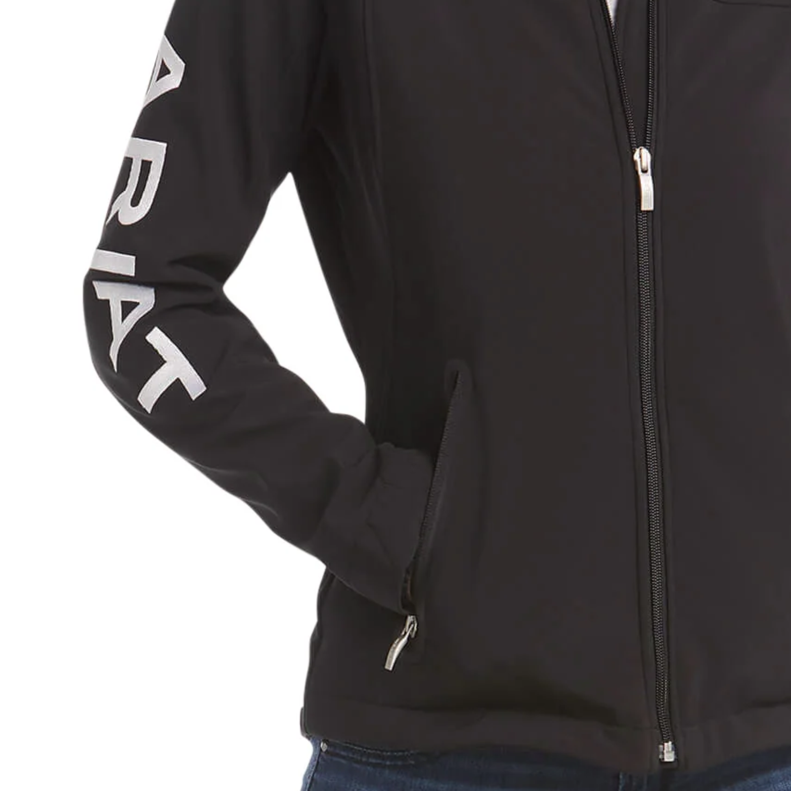 Black jacket with 'Ariat' branding on sleeve against a white background