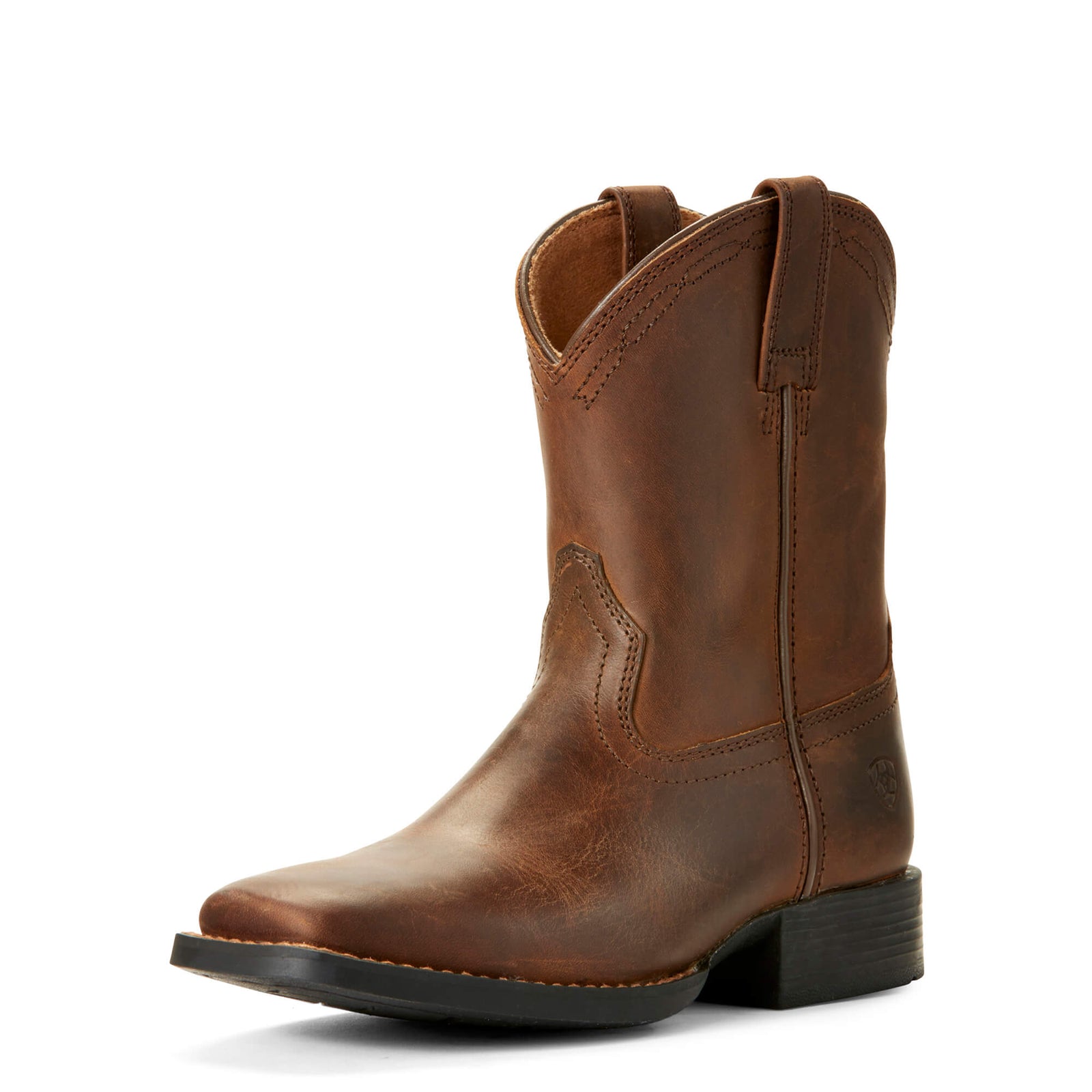 Ariat Heritage Roper Children's Wide Toe Boot. A brown, children's wide toe roper boot with a square toe shape and a four-row Western collar stitch pattern.