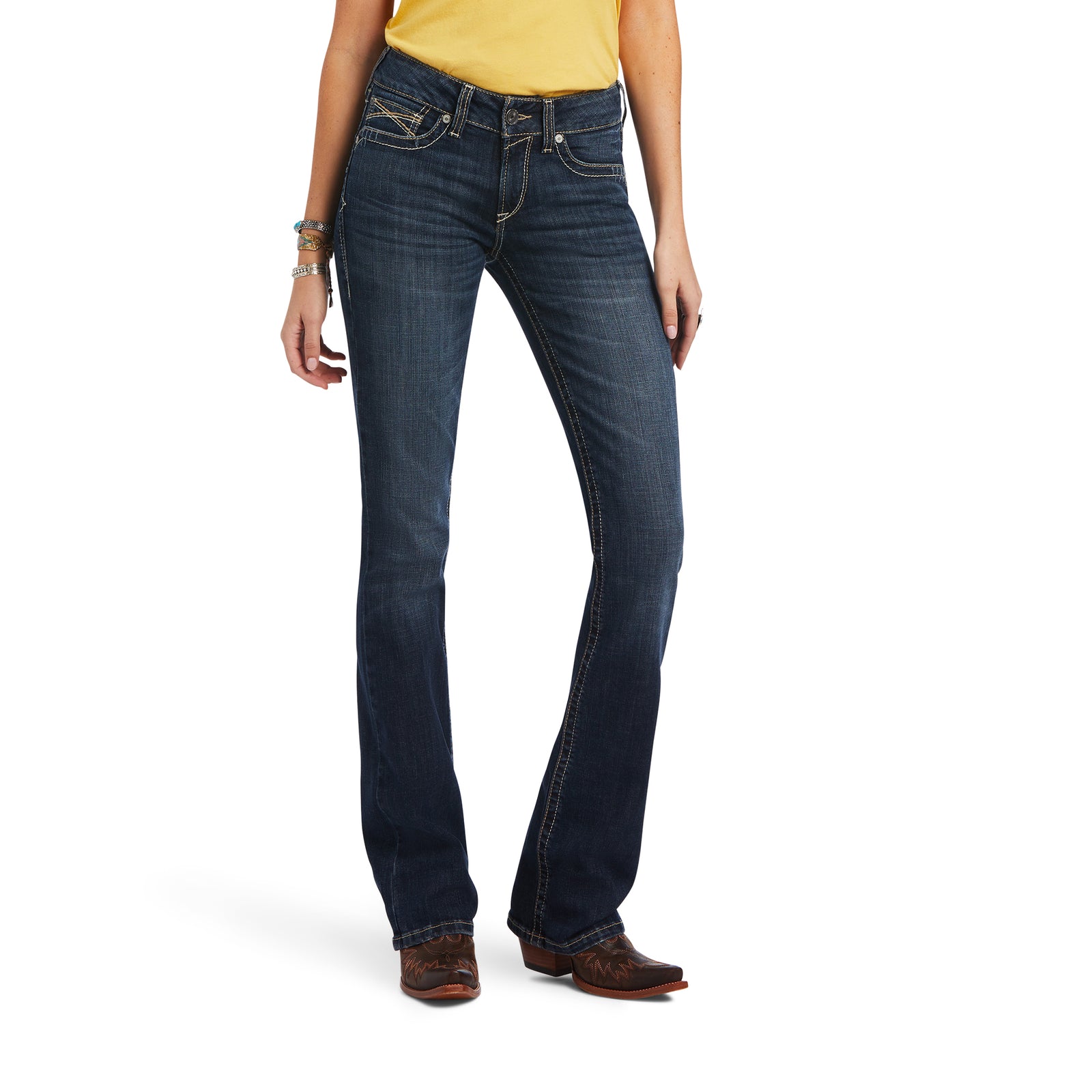 Ariat Women's Lexie Perfect Rise Boot Cut Jean. Person wearing blue jeans on a white background
