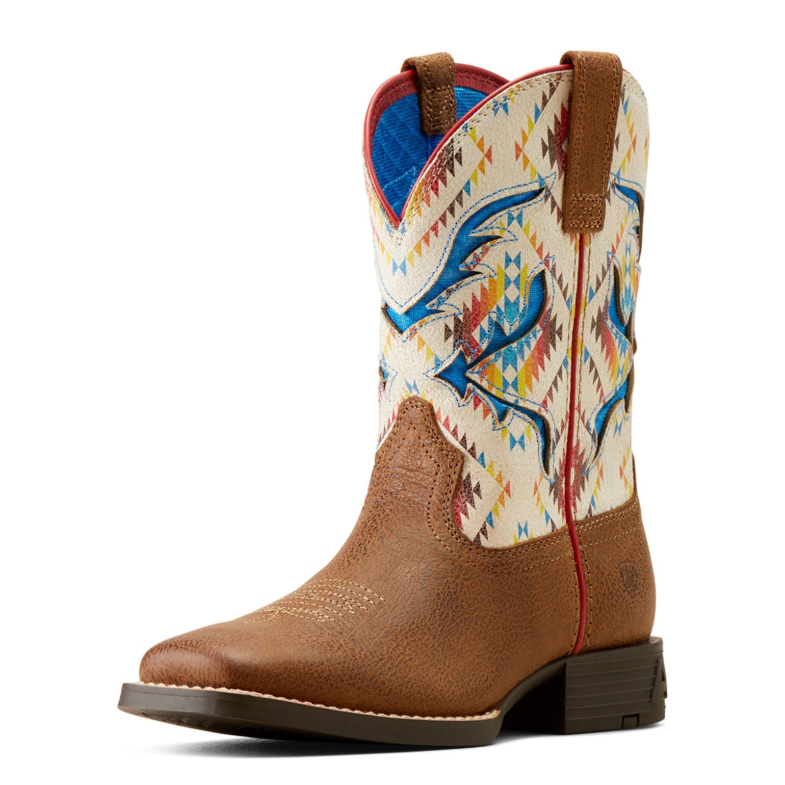 Ariat San Angelo Children's Western Boot. A girl's Ariat San Angelo Western boot with a Southwestern shaft design, vented panels, and a mesh lining.