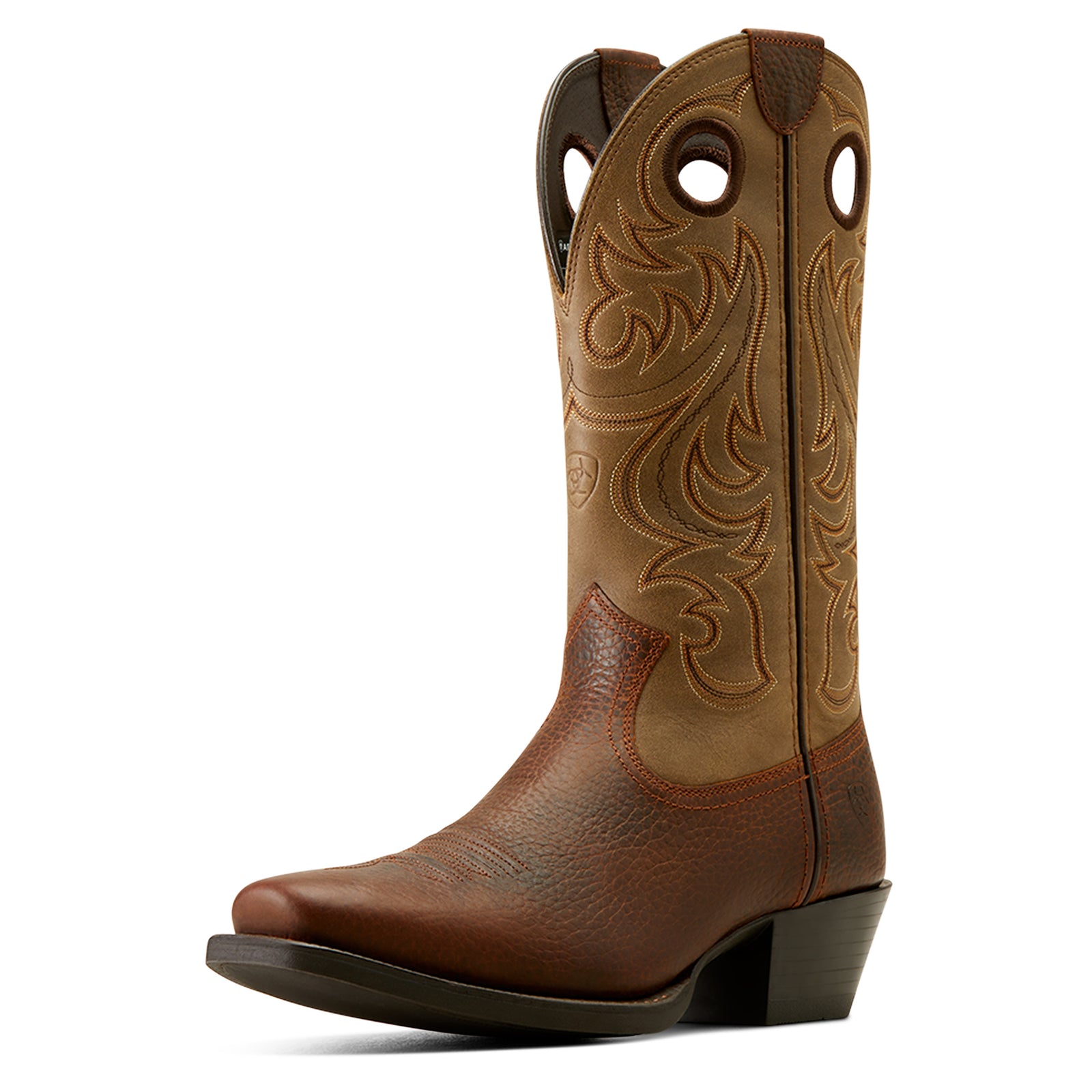 Ariat Men's Sport Square Toe Western Boot, featuring a brown full-grain leather upper, a cowboy heel, and a Goodyear welt construction.