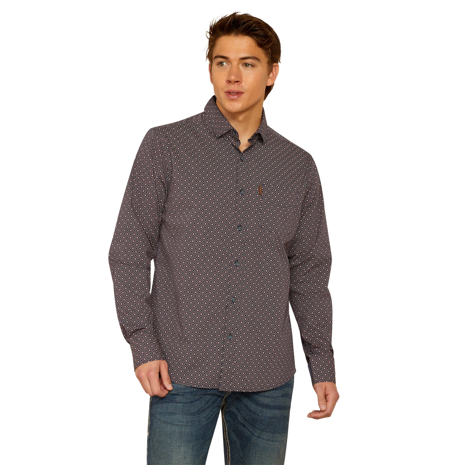 Ariat Men's Mattie Modern Fit L/S Western Shirt. A man wearing a long-sleeved geometric patterned shirt by Ariat.