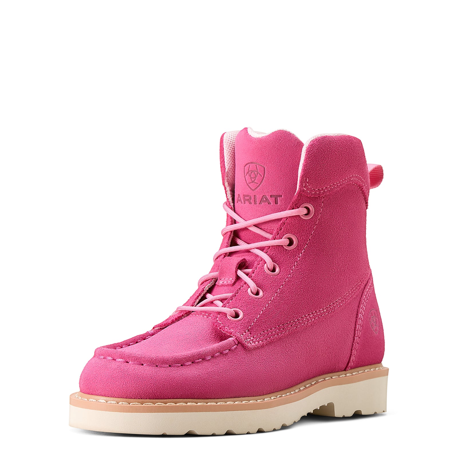 Ariat Kids Rebar Lift Boot. A pink Ariat kids' boot with lace-up closure, featuring a low heel and a round toe.