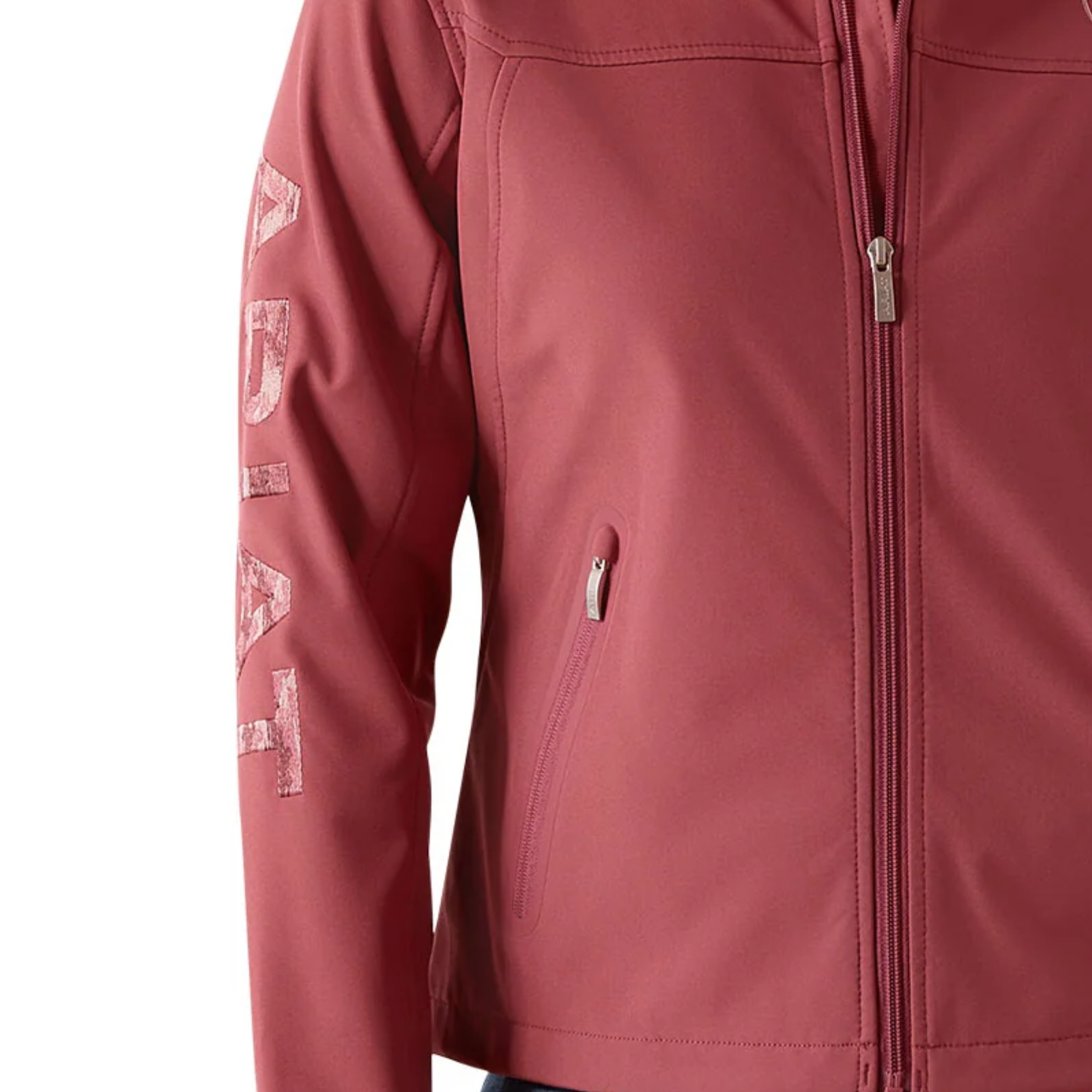 Pink jacket with a visible brand logo on the sleeve against a white background