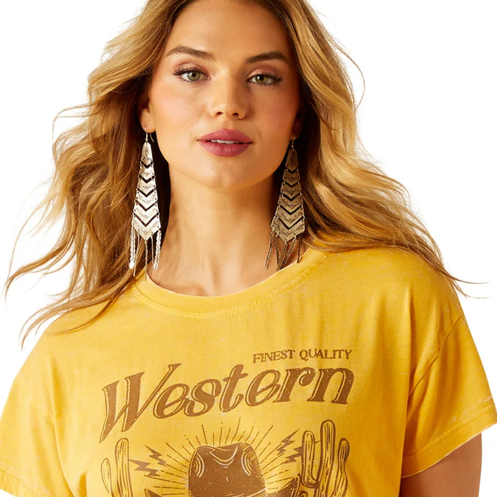 Woman wearing a yellow t-shirt with 'Finest Quality Western' text and graphics on a white background