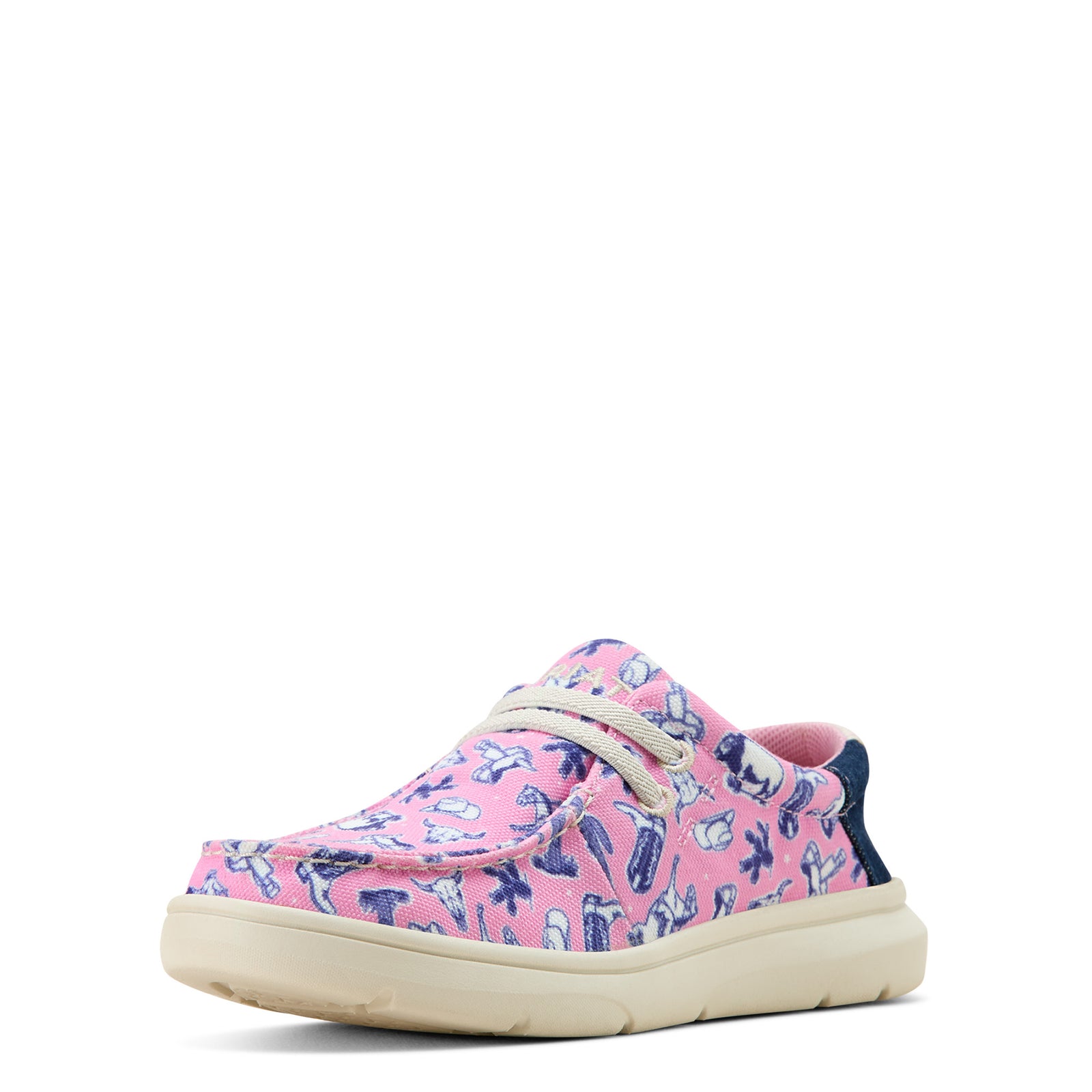 Ariat Hilo Children's Shoe. Children's casual shoe with a pink base color and a pattern that includes various animals and everyday items.