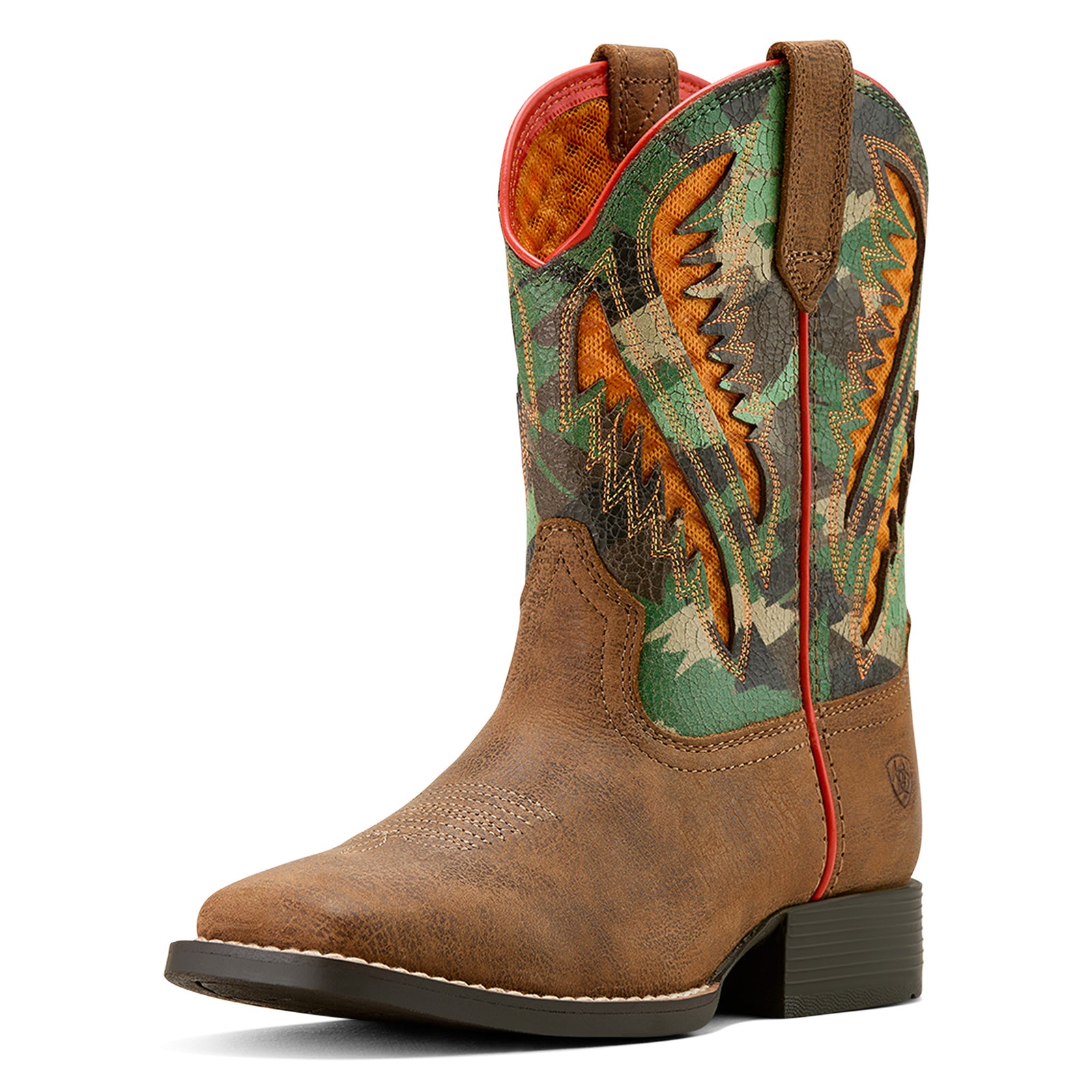 Ariat Kids Quickdraw VentTek Western Boot. A kid's Western boot with full-grain leather, mesh panels, and a camouflage pattern on the upper.