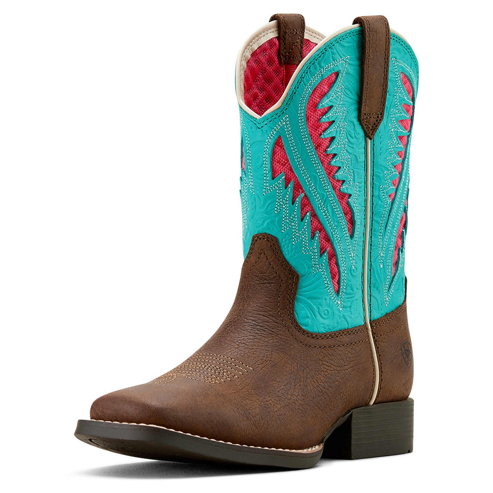 A girl's Ariat Quickdraw VentTek Western boot with brown full-grain leather and turquoise mesh panels with a red stitch pattern.