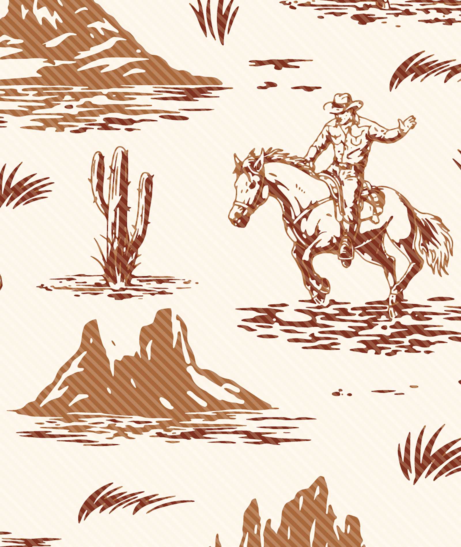 Pattern of a cowboy riding a horse with desert elements on a beige background