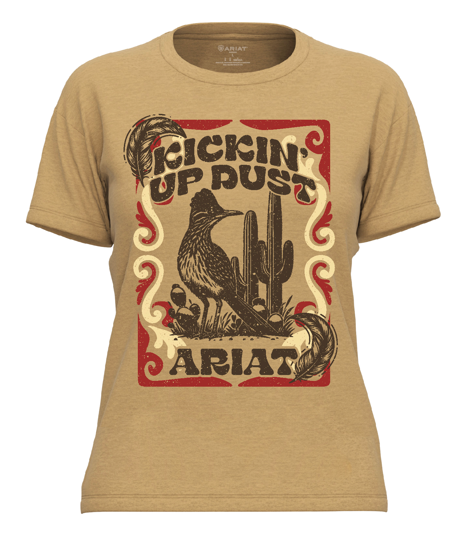 Ariat Women's Kickin Up Dust T-Shirt. Beige t-shirt with 'Kicking Up Dust' graphic and ARIAT branding on a white background