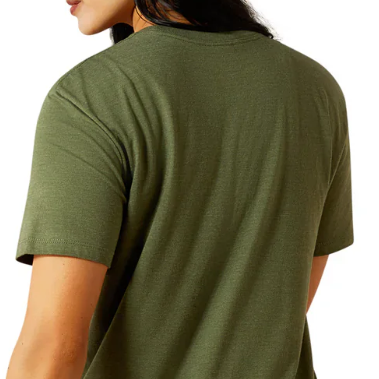 Green t-shirt worn by a person on a white background