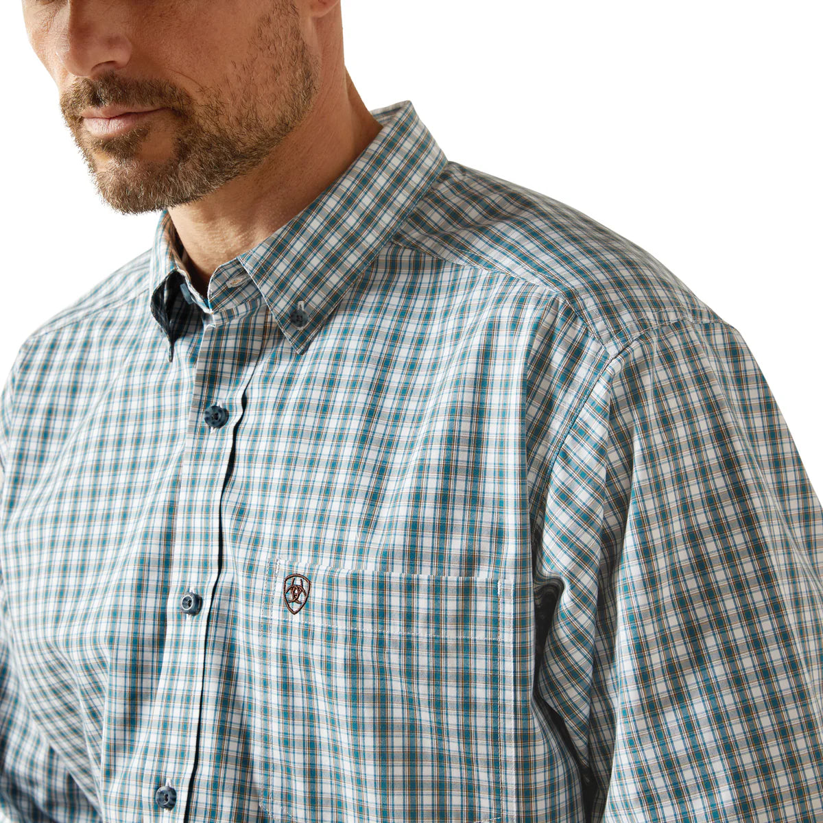 Man wearing a green and white checkered shirt with a brand logo on a white background