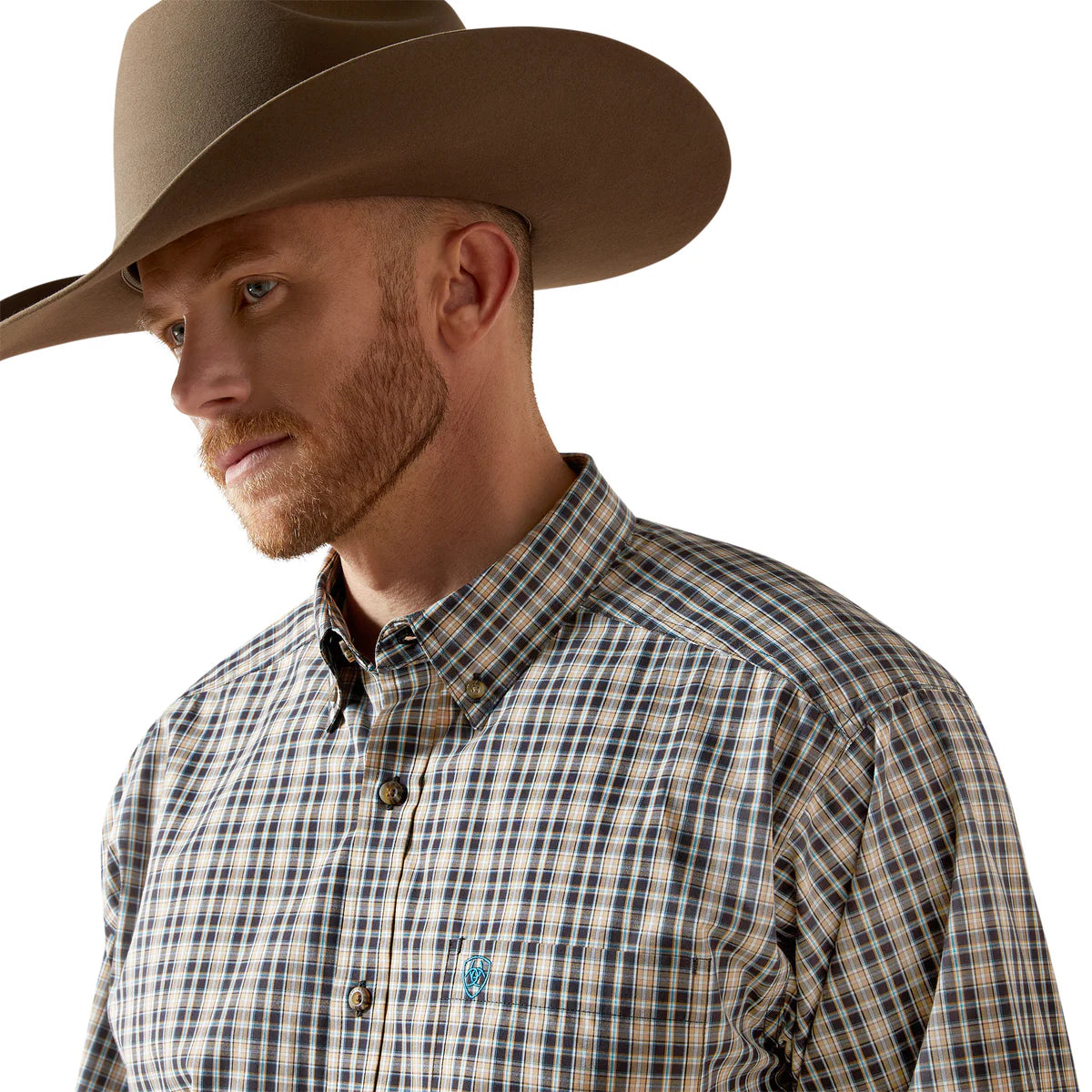 Man wearing a cowboy hat and plaid shirt on a white background