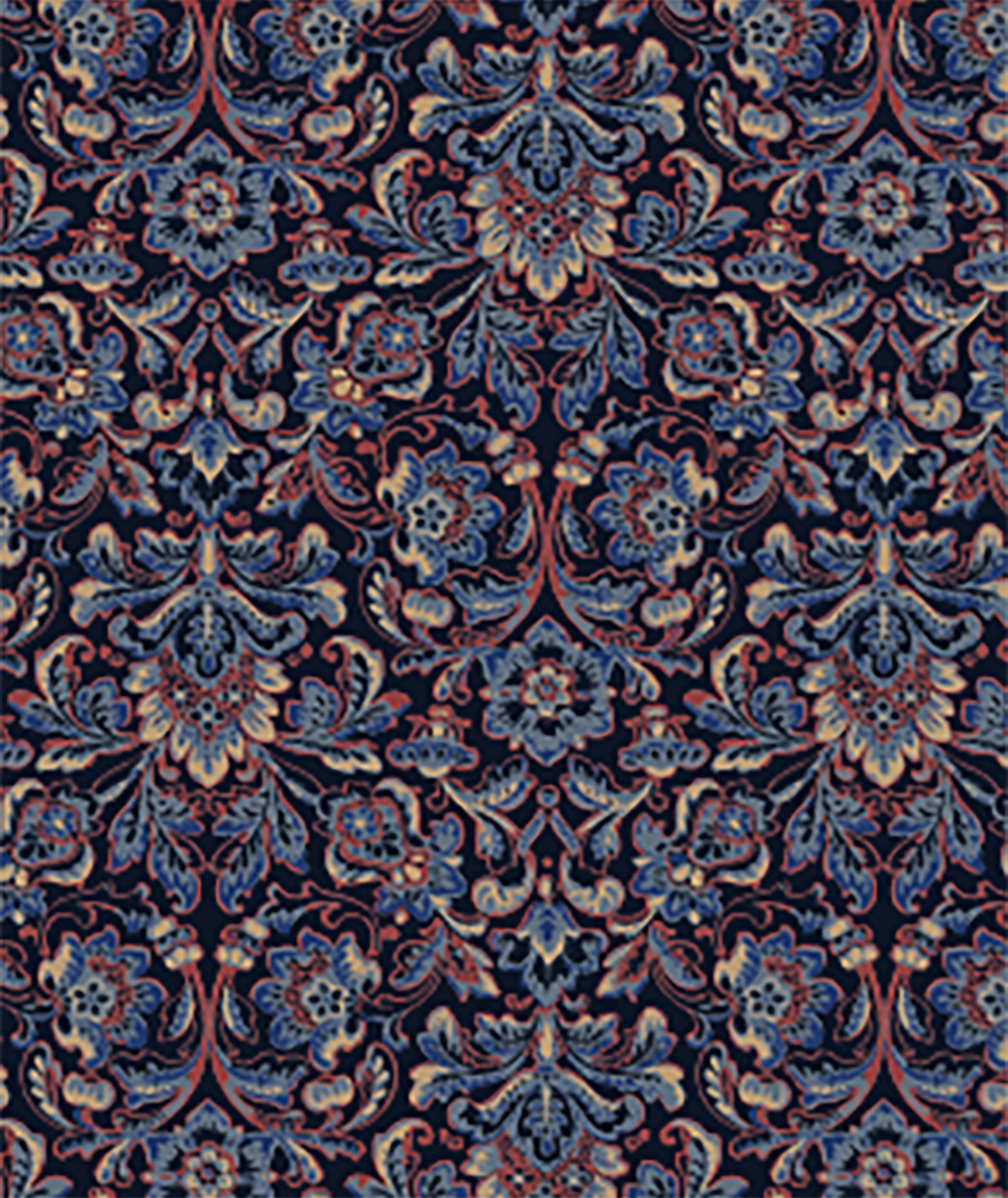 Decorative fabric with intricate paisley pattern in blue, red, and beige on a dark background