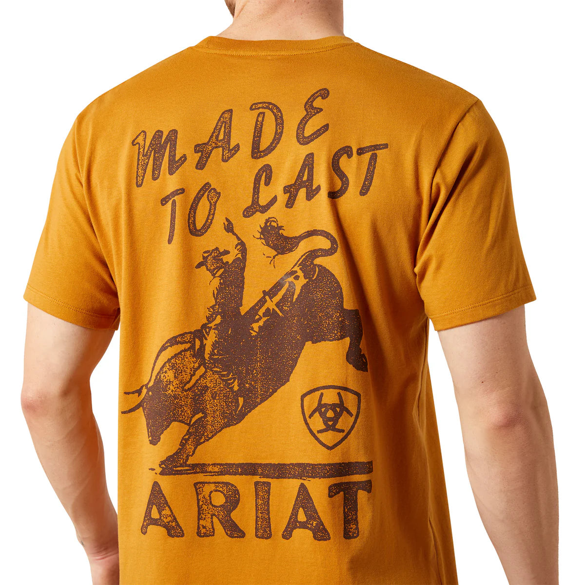 Yellow t-shirt with 'Made to Last Ariat' text and graphic on a white background