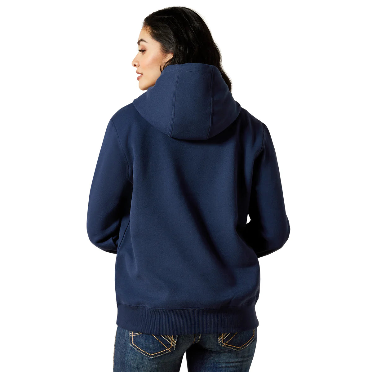 Person wearing a navy blue hoodie on a white background