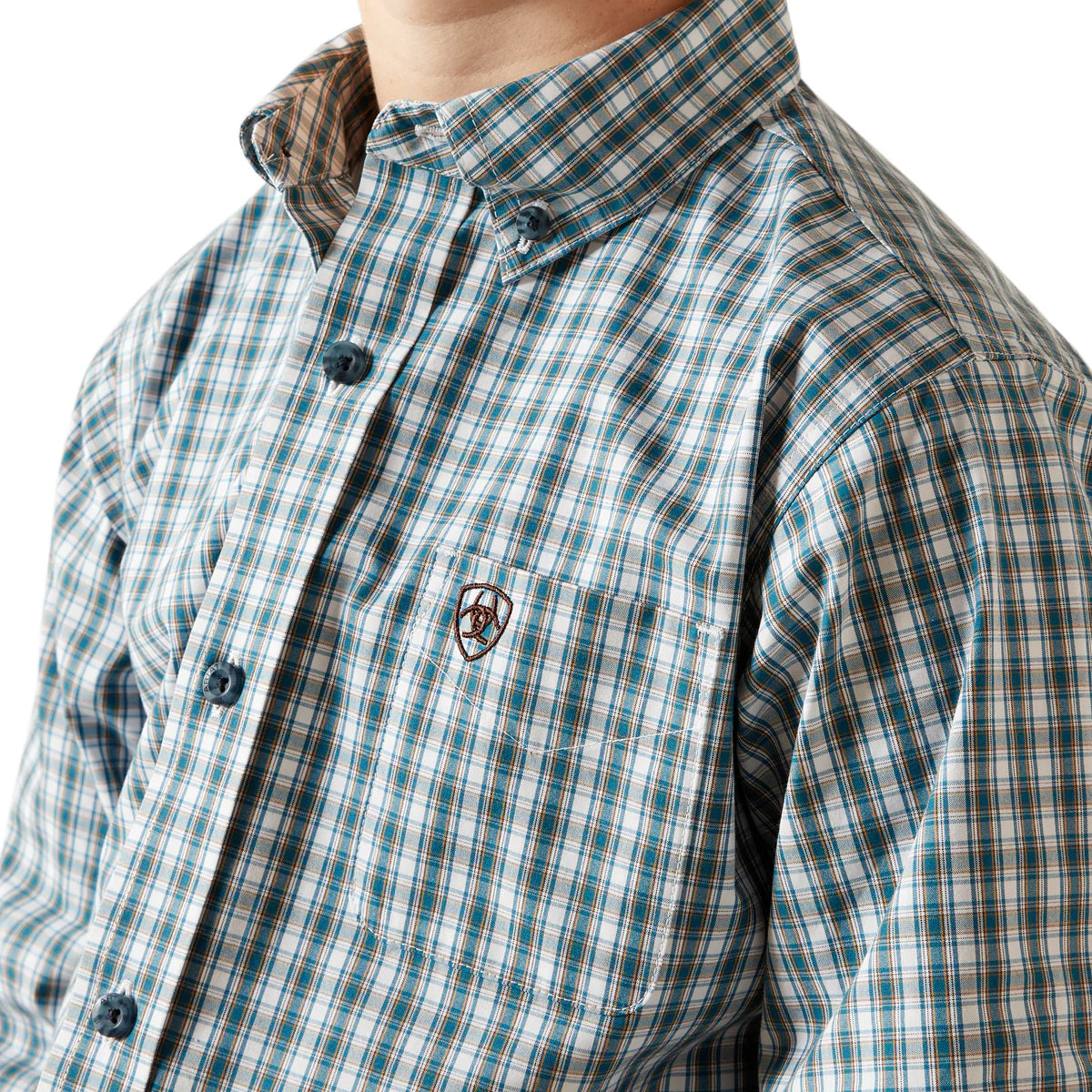Close-up of a person wearing a green and white plaid shirt with a brand logo on a white background