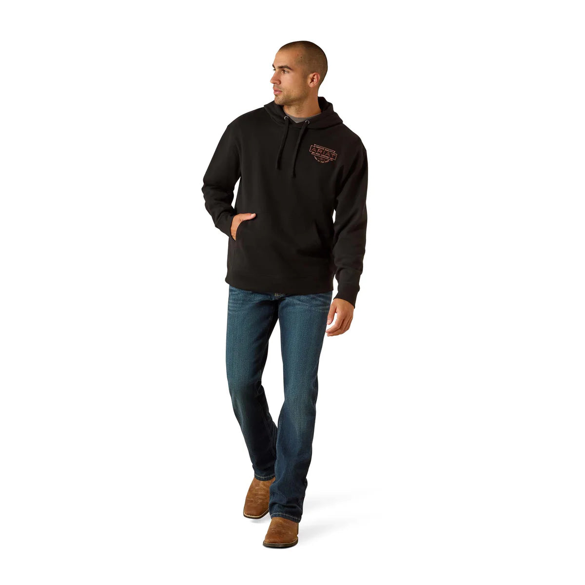 Man wearing a black hoodie with a logo on a white background