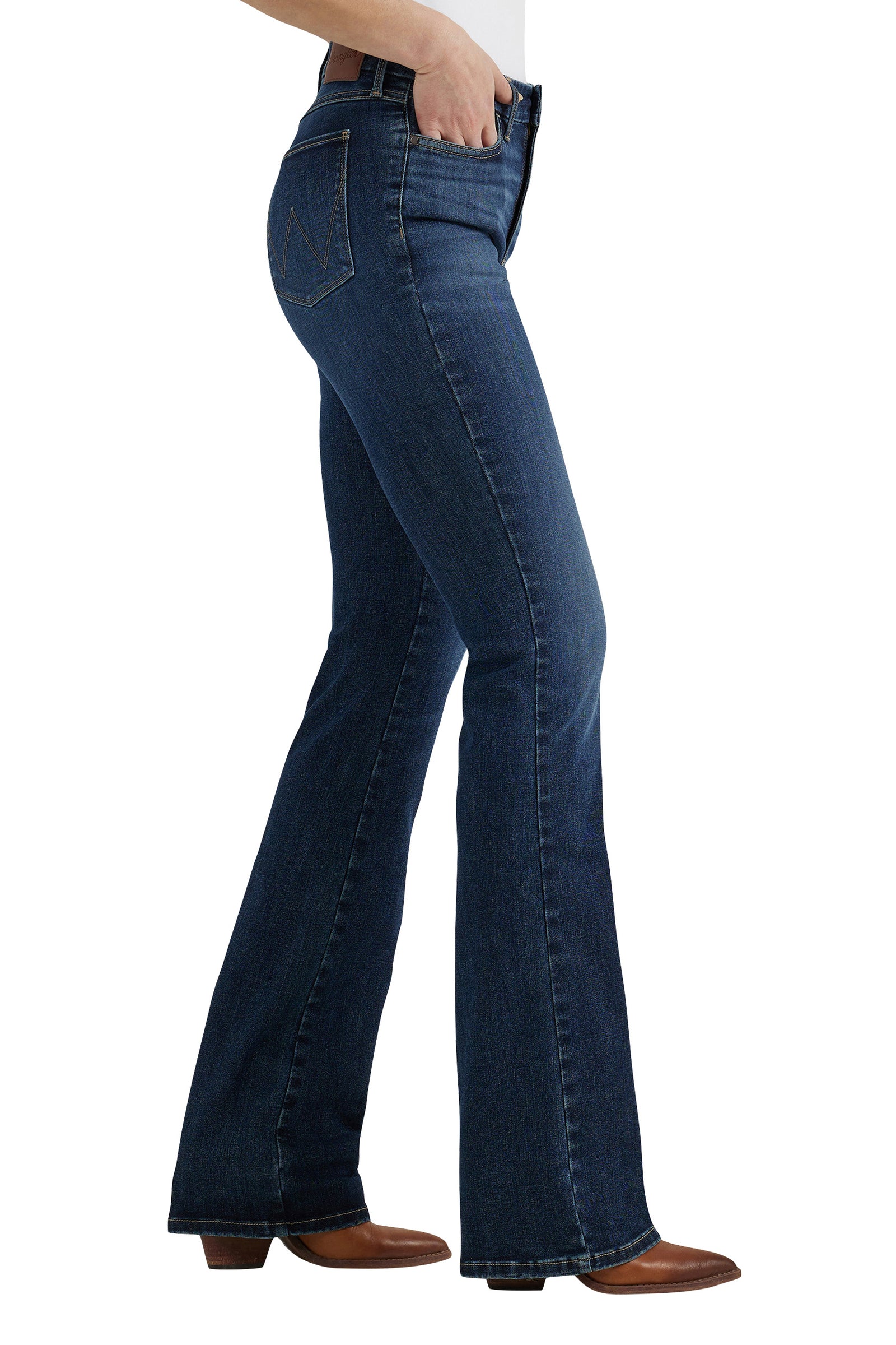 Wrangler Women's Bespoke High Rise Boot Cut Jean. Blue jeans worn by a person on a white background