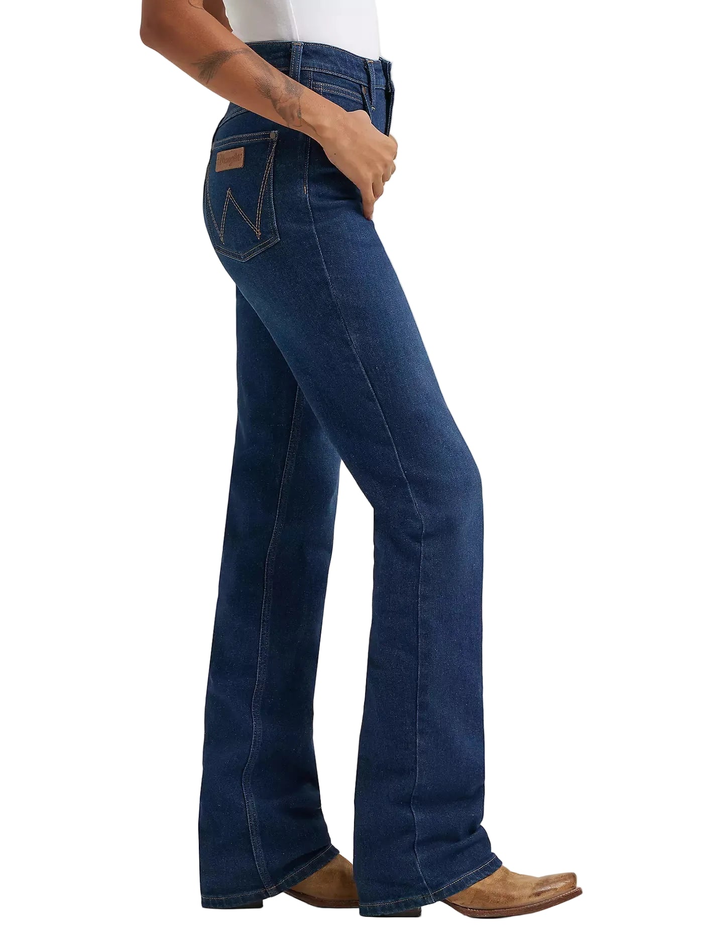 Person wearing blue jeans on a white background