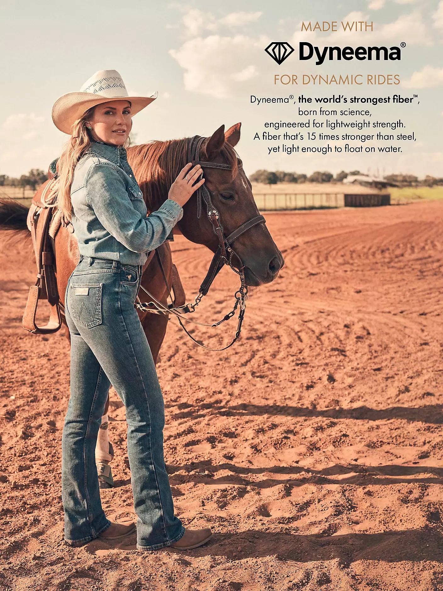 Woman in cowboy hat and jeans standing next to a horse on a dirt ground with Dyneema branding.