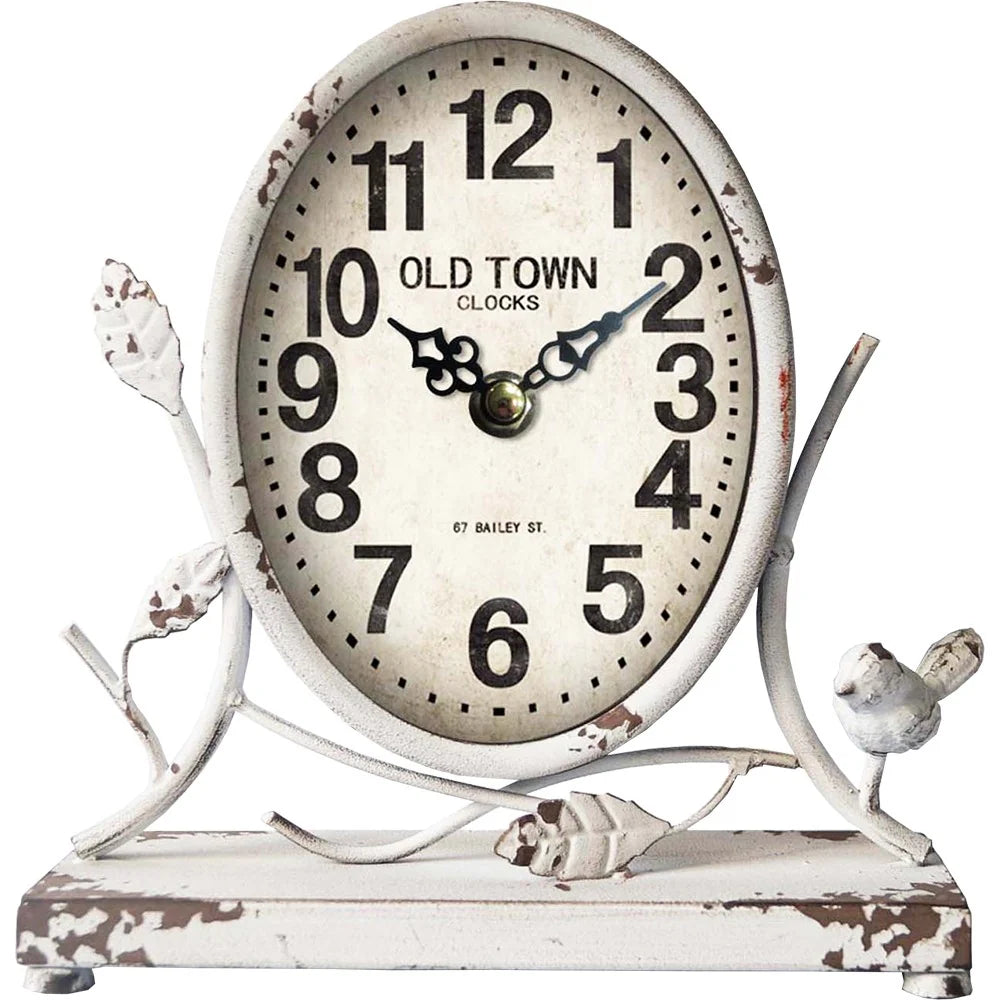Old Town Antique White Country Table Clock. Vintage-style clock with 'Old Town Clocks' branding on a white background