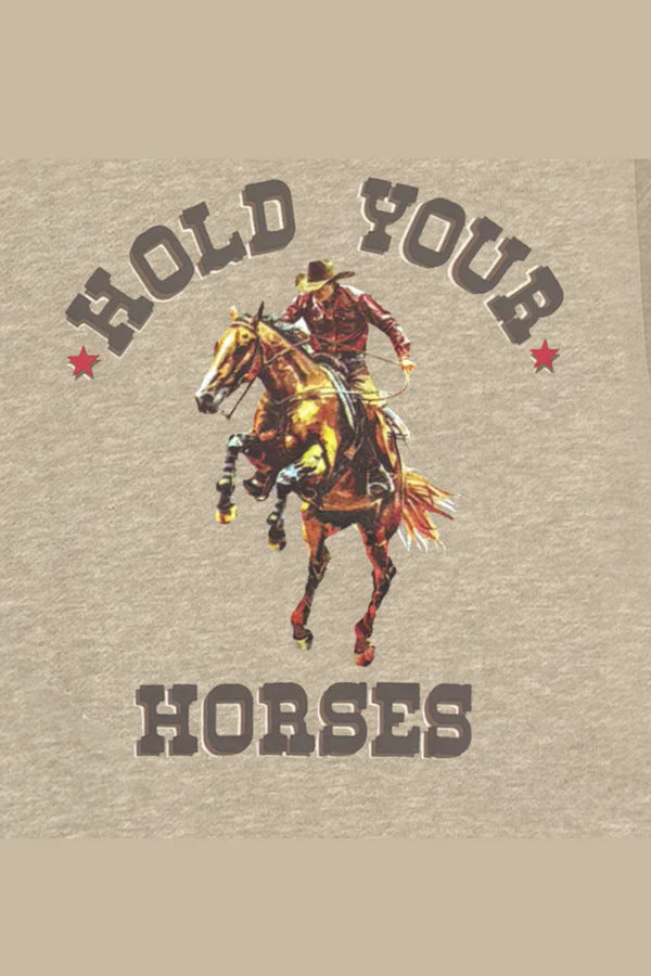 Beige t-shirt with a graphic of a cowboy on a horse and text 'Hold Your Horses' on a beige background.