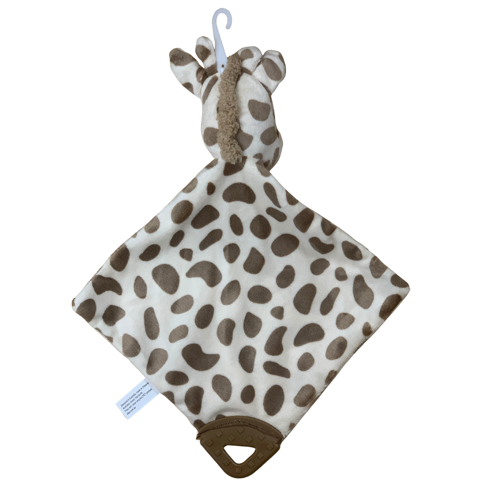 Baby comfort blanket with giraffe pattern on a white background