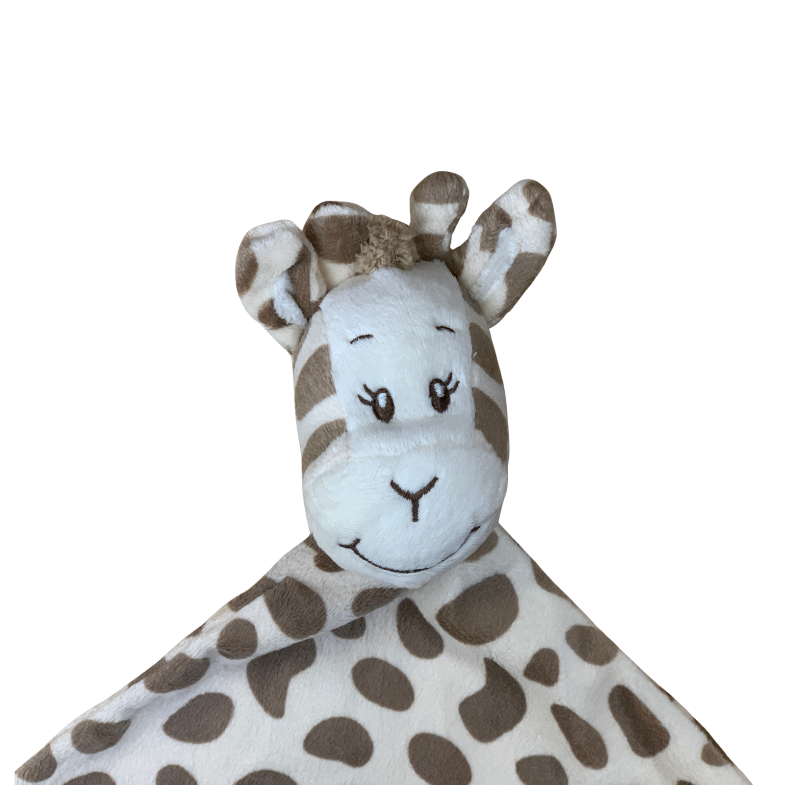 Plush giraffe toy with brown spots on a white background