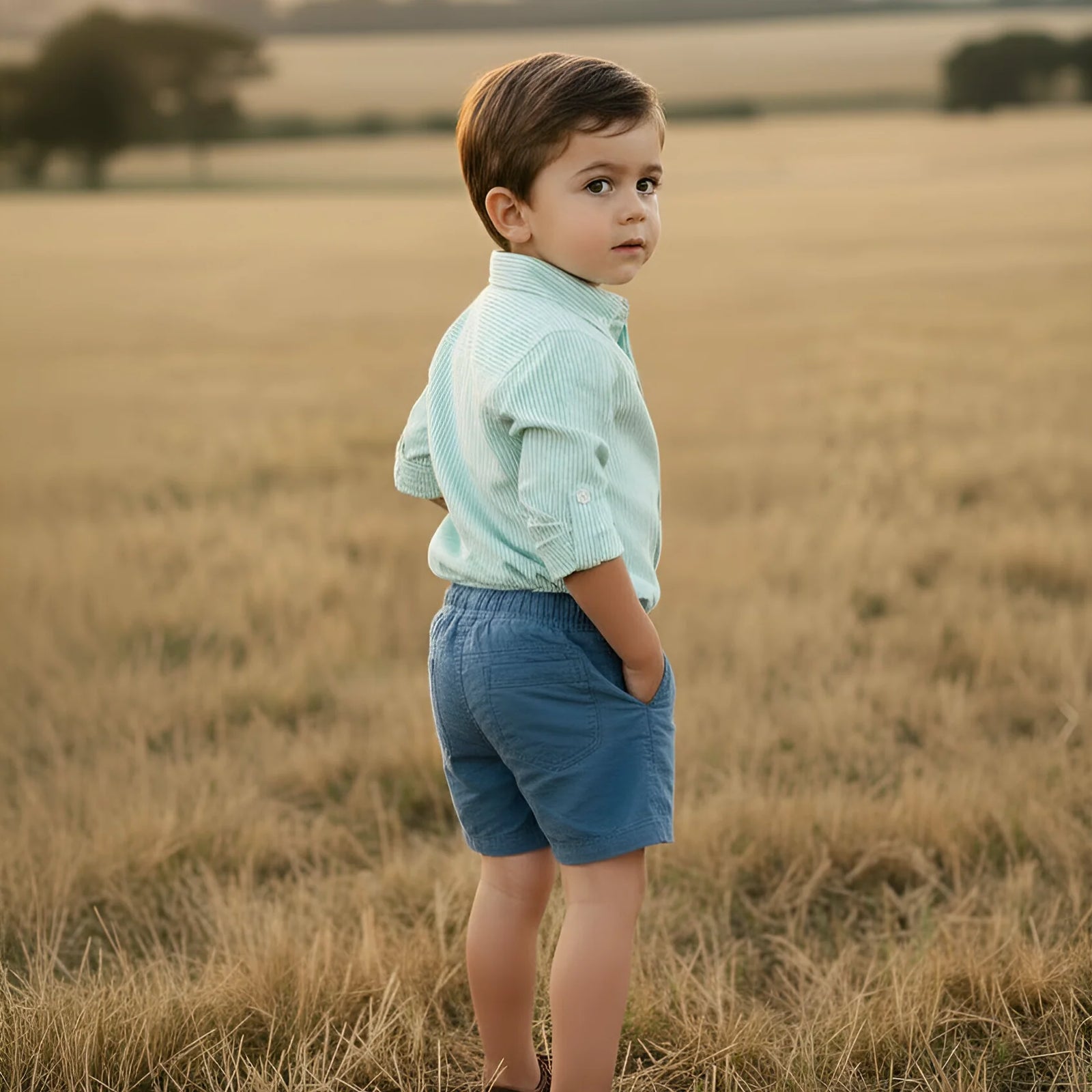 Young boy standing in a field wearing a light blue shirt and denim shorts.