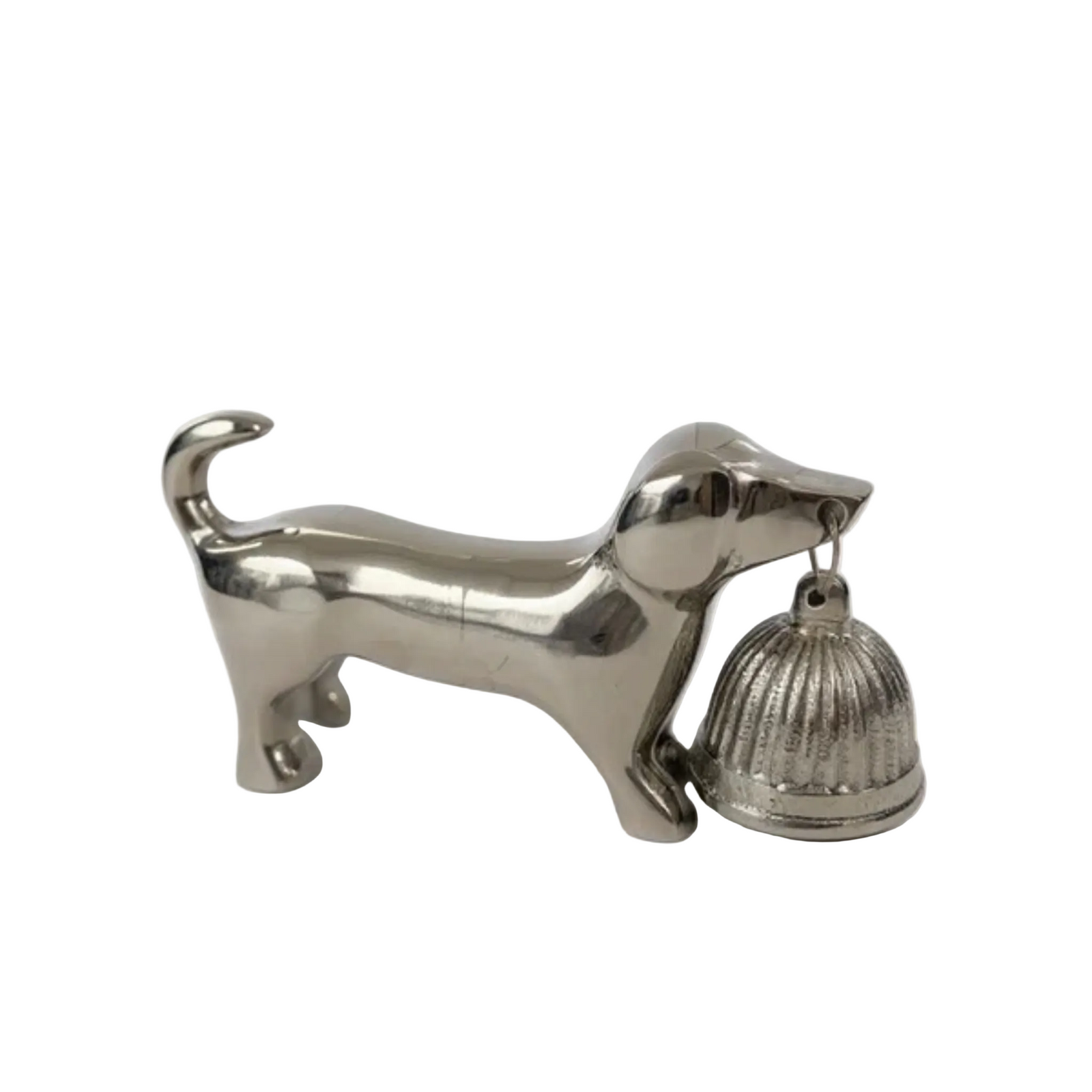 A polished silver figurine of a dachshund holding a small bell in its mouth, set against a clean white background.