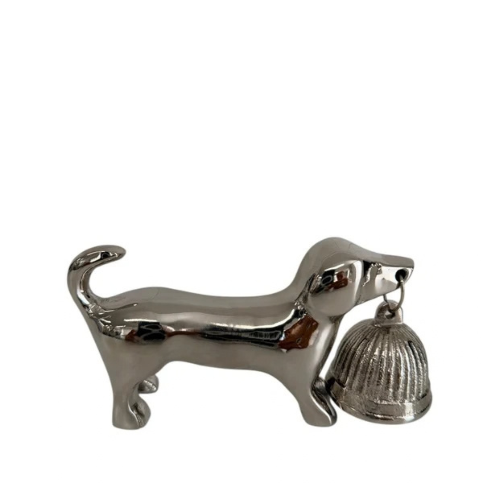 A polished silver-tone metal figurine of a dachshund holding a small bell in its mouth, shown against a plain white background.