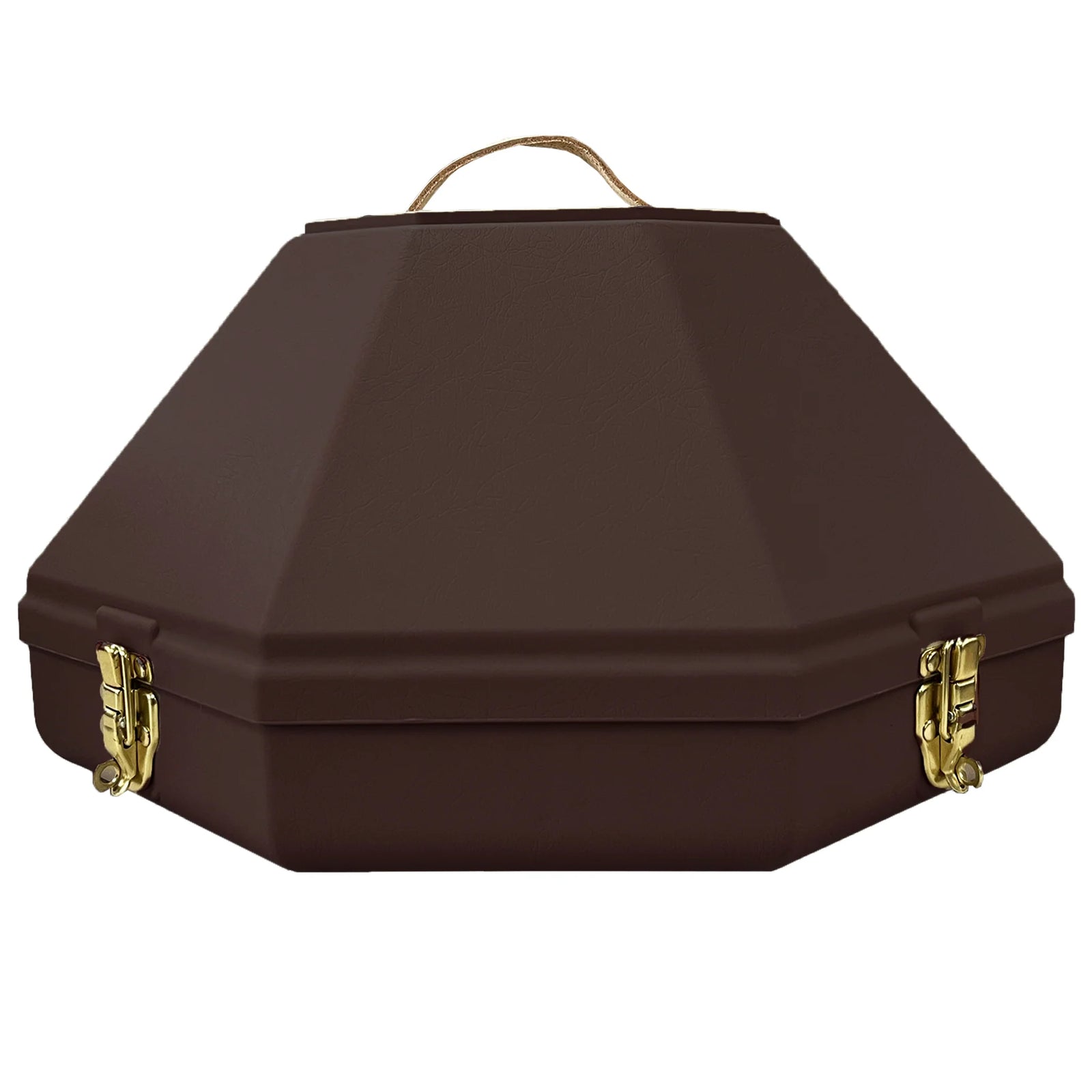 5" Hat Can. Brown briefcase with gold clasps on a white background