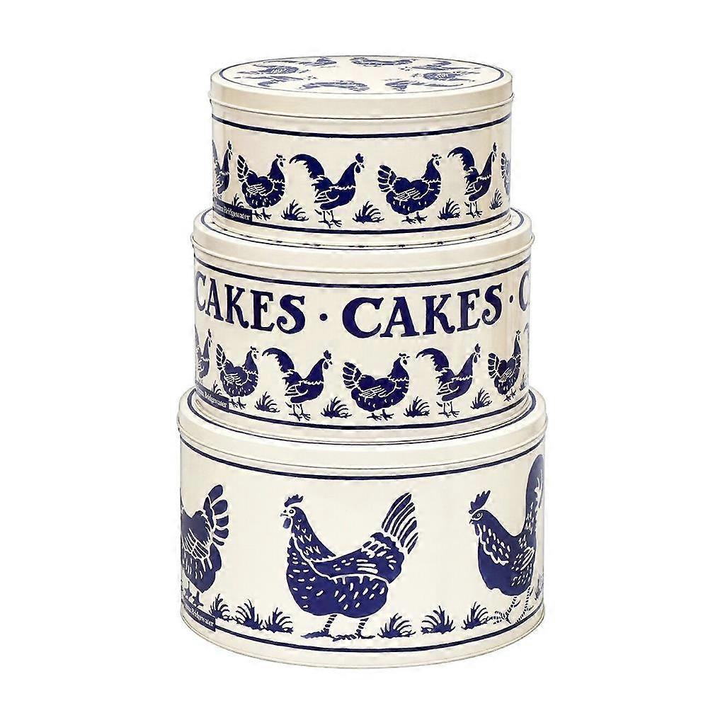 Stack of three ceramic cake tins with chicken design on a white background